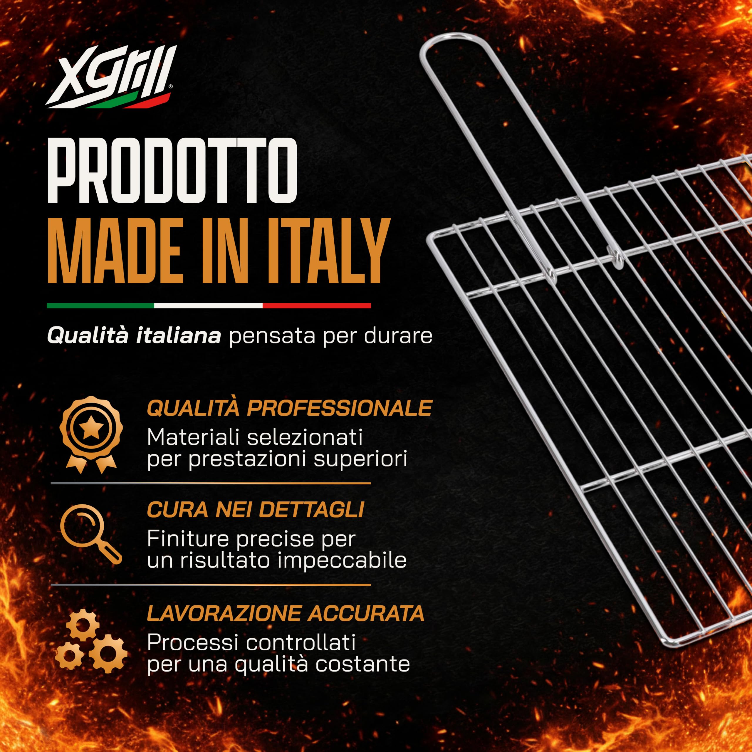 XGRILL | Griglia Barbecue 67,5x40 cm in Acciaio Cromato con Manici Richiudibili | Griglia BBQ Portatile per Barbecue a Carbone e Muratura | Made in Italy