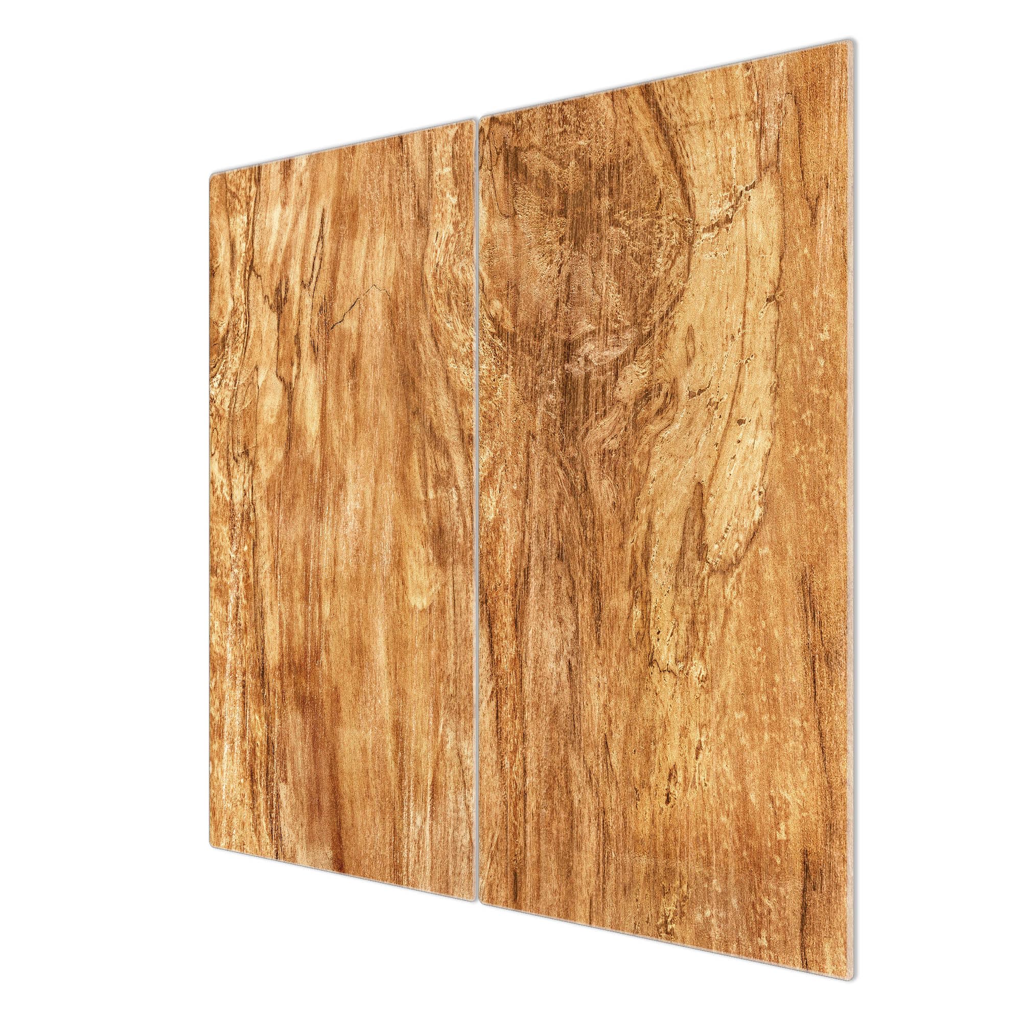 banjado Herdabdeckplatte Glas 2-teilig 60x52 cm, robuste Ceranfeld Abdeckung und Schneidebrett Glas aus gehärtetem Glas, Spritzschutz Küche in warmer Holzoptik mit Motiv Holz Struktur mit Astloch
