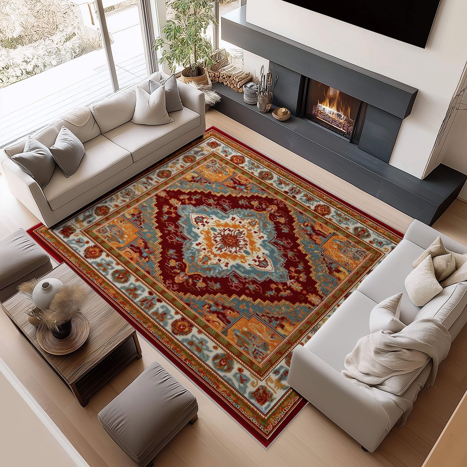 Alfombra bohemia marrón para dormitorio y sala de estar con efecto usado