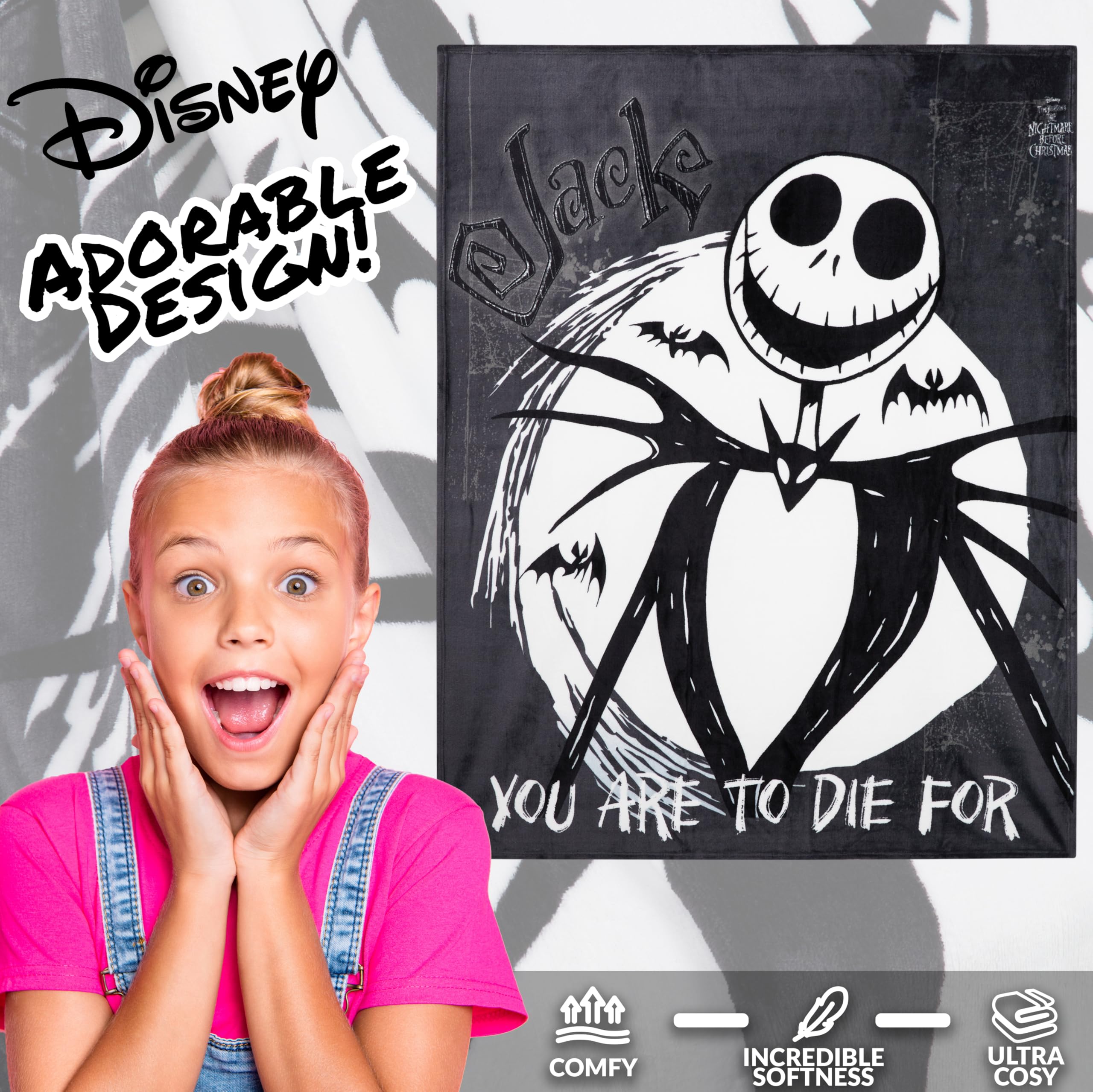 Disney Koszmar przed Bożym Narodzeniem, koc polarowy, 150 x 130 cm, miękka narzuta na łóżko, sofę, kanapę, flanelowa, dekoracja pokoju, przytulne, ciepłe, świąteczne prezenty dla dzieci (czarny/biały)