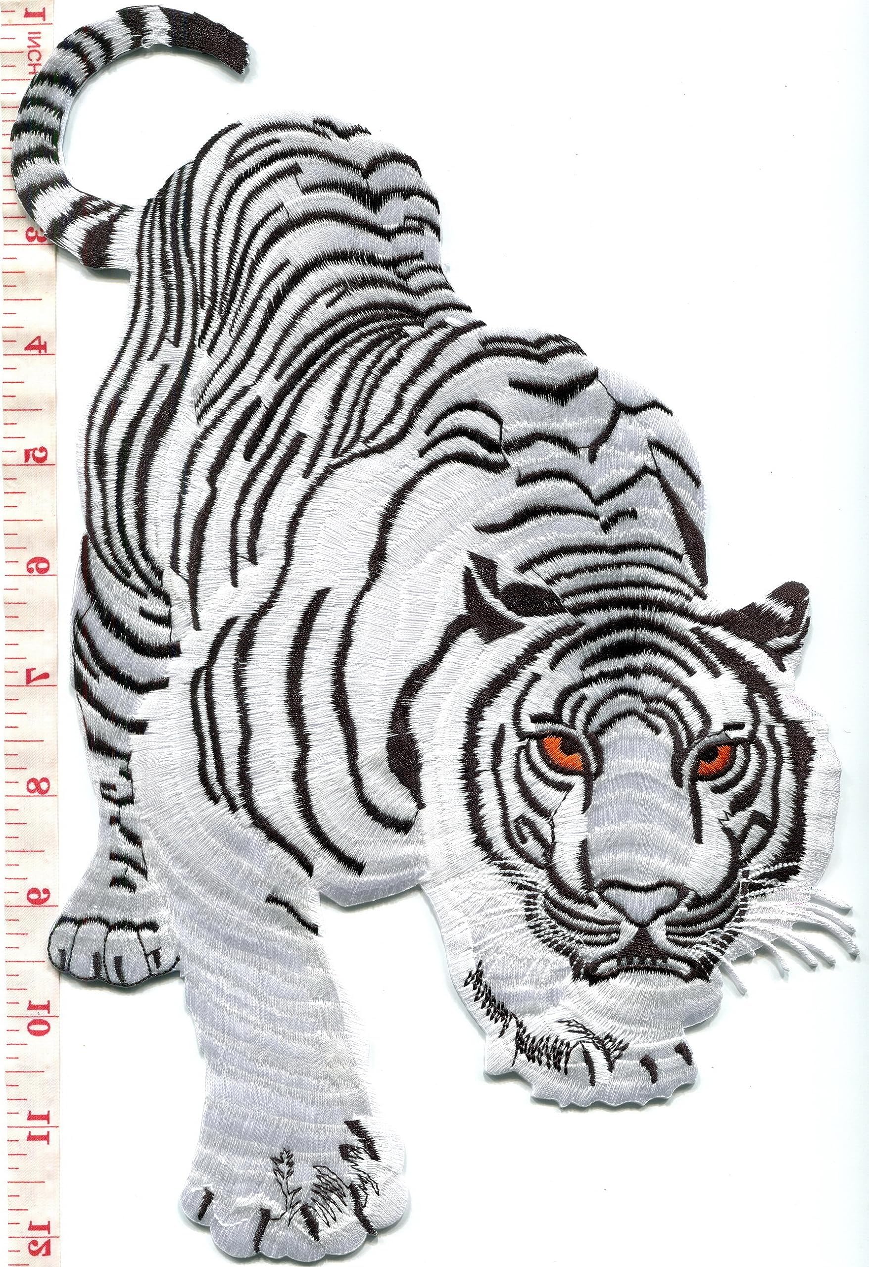 Bengal White Tiger Tattoo Embroidered Applique Iron-on Patch Huge XL 7.25 X 11.25 inches S-1222