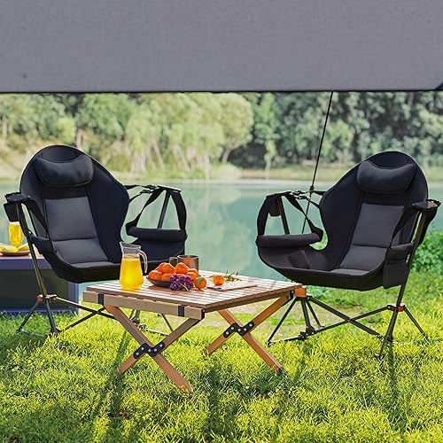 Miniatura 9 de Outsunny Hamaca doble, silla de camping plegable, con respaldo ajustable, mecedora con soporte para tazas, reposacabezas y asiento acolchado para
