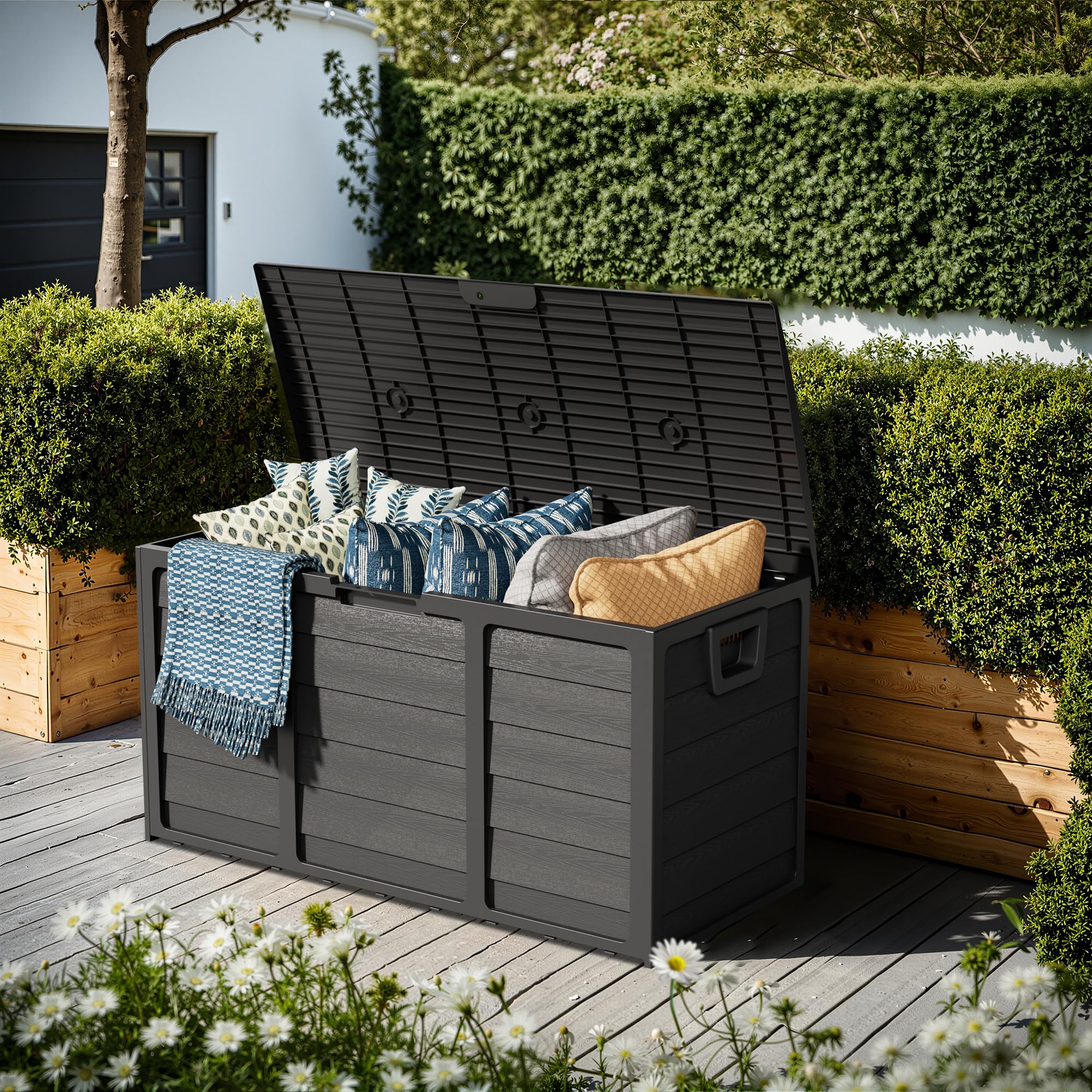 Oakcloud 75 Gallon Resin Deck Box - Waterproof Outdoor Indoor Storage Container for Patio, Garden, Pool Tools, Black