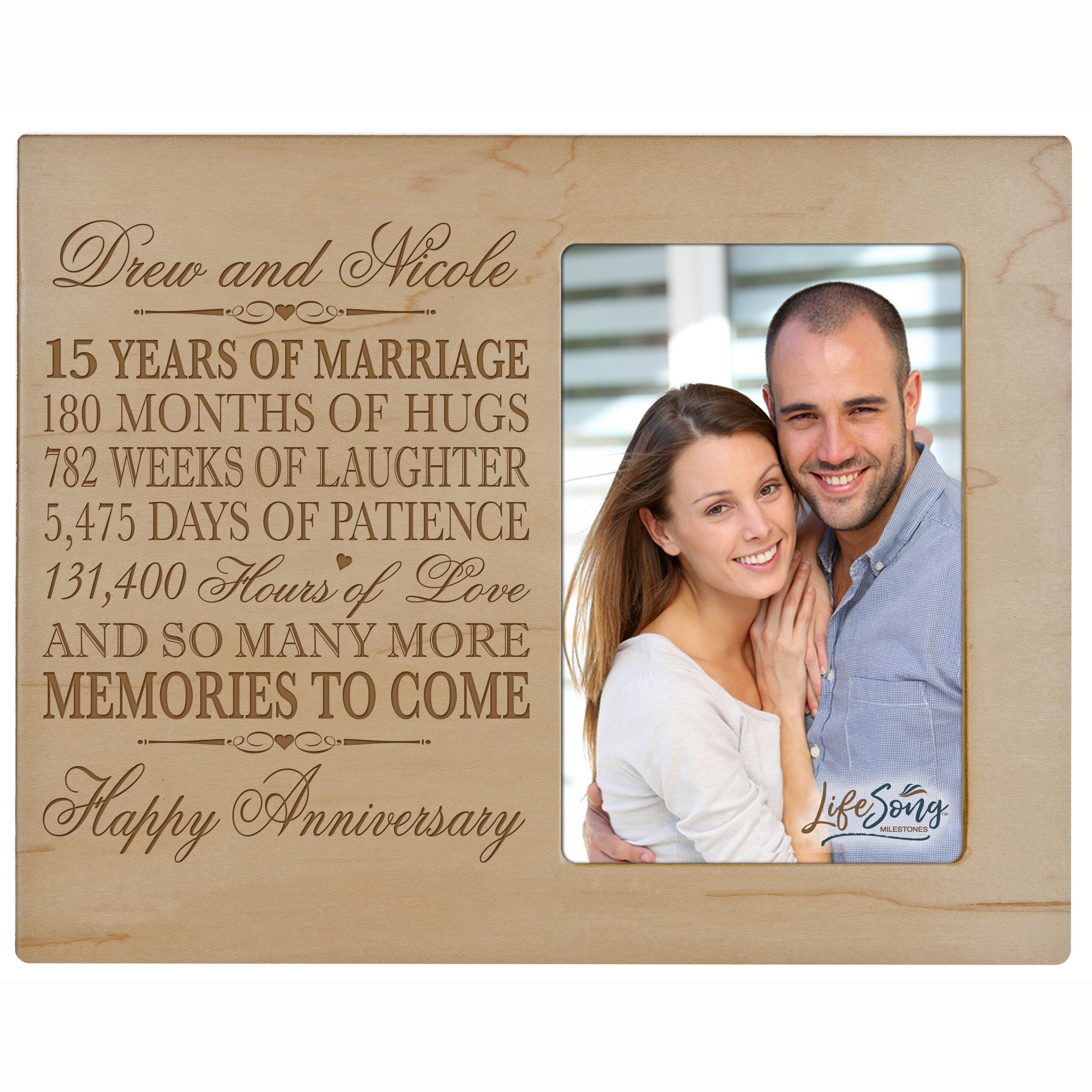 LifeSong Milestones Personalized Fifteen Year her him Couple Custom Engraved 15th Year Wedding Celebration for Husband Wife Girlfriend Boyfriend Frame Holds 4x6 Photo (Maple)