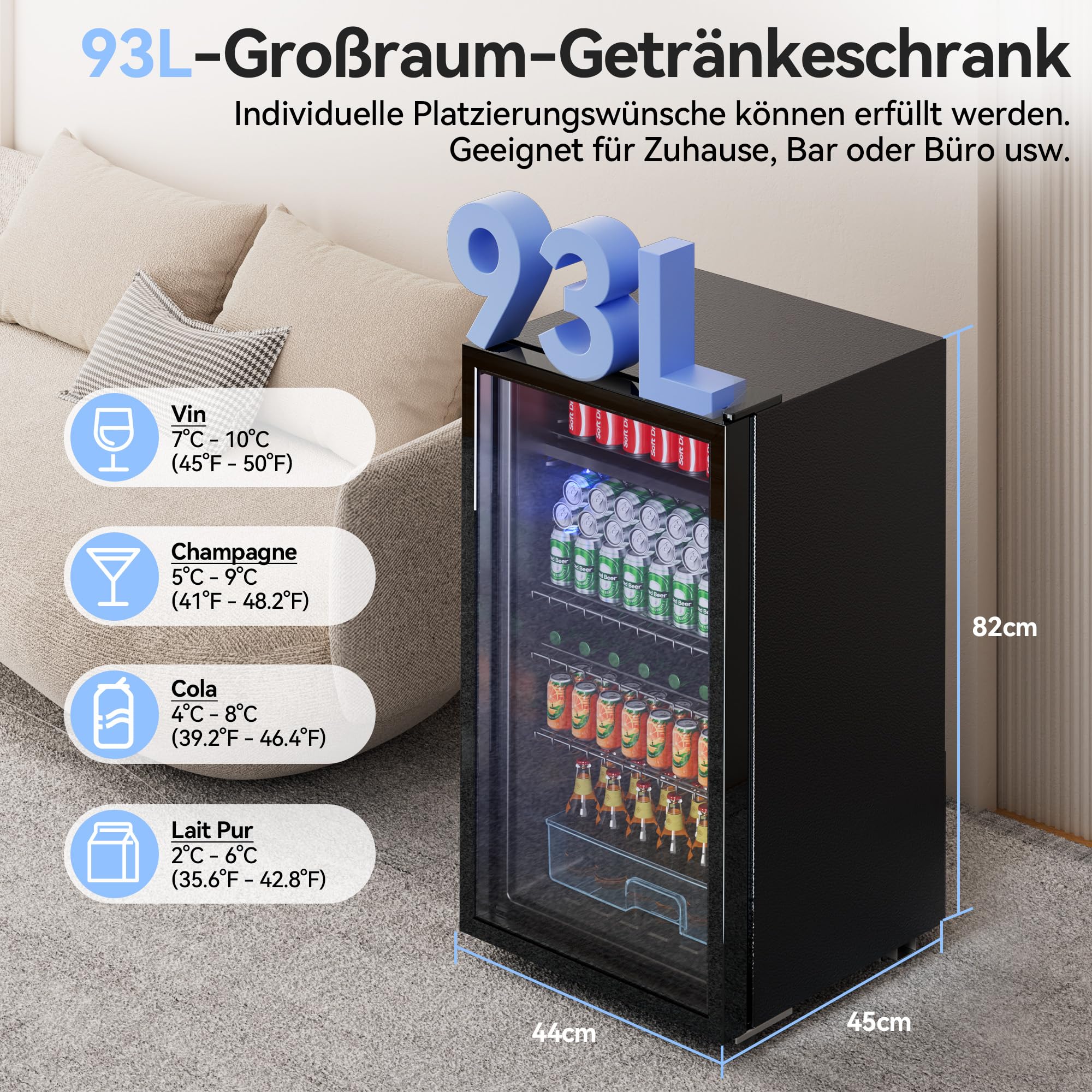 TRIUMPHKEY 93L Getränkekühlschrank Mini-Kühlschrank mit Glastür für 140 Dosen LED