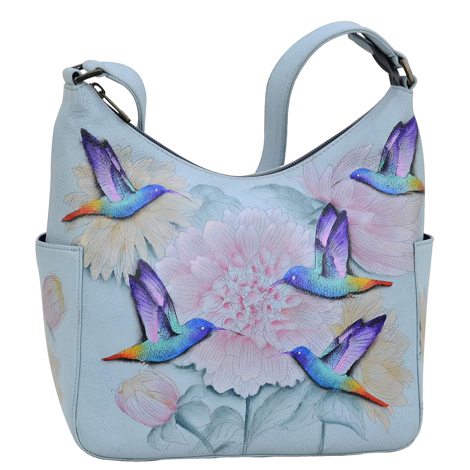 Anuschka Women's Hand-Painted Genuine Vegetable Tanned Leather Classic Hobo With Side Pockets - Rainbow Birds