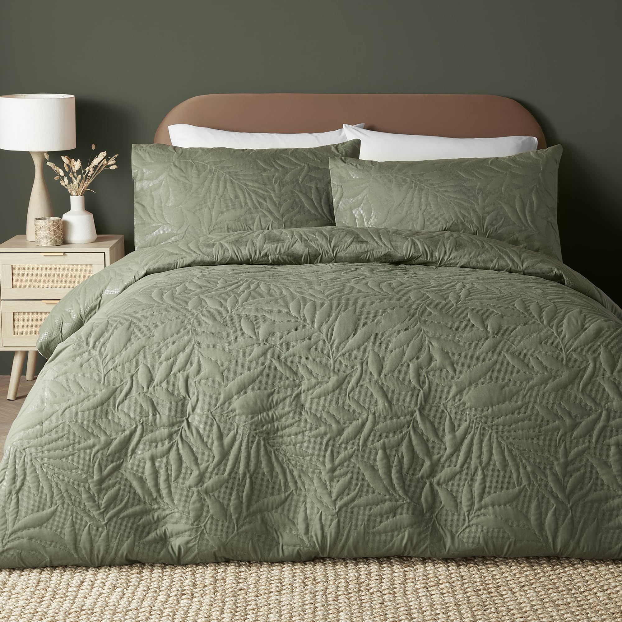 Serene - Funda de edredón con Estampado de Hojas Verdes Caqui - Tamaño King (230 x 220 cm) - Tacto Suave - Funda de edredón Bordada de Hojas/Hojas en Verde Caqui - Juego de Ropa de Cama de Lujo -