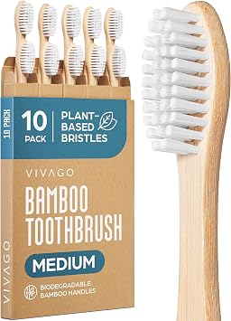 VIVAGO Bamboo Toothbrushes 10 Pack Plant-Based Medium Bristles | Natural Toothbrush, Medium Toothbrushes for Adults, Eco-Friendly, Wooden Toothbrush, BPA-Free