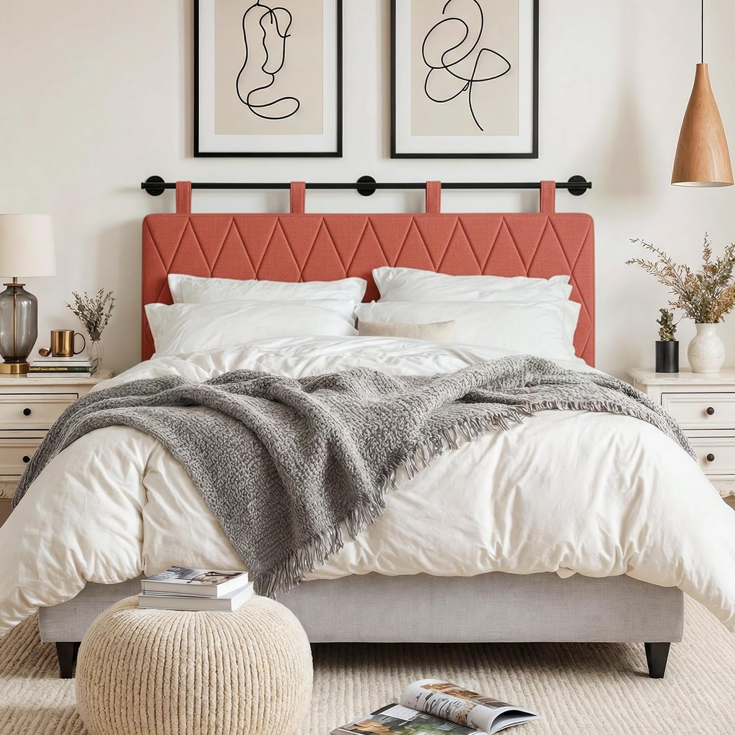 Anbuy Queen Headboard Only, 63" Wall Mounted Soft Fabric Bed Headboard, Modern Diamond Pattern, Elegant Upholstered Headboard for Bedroom, Resturant (Orange, Queen Size)