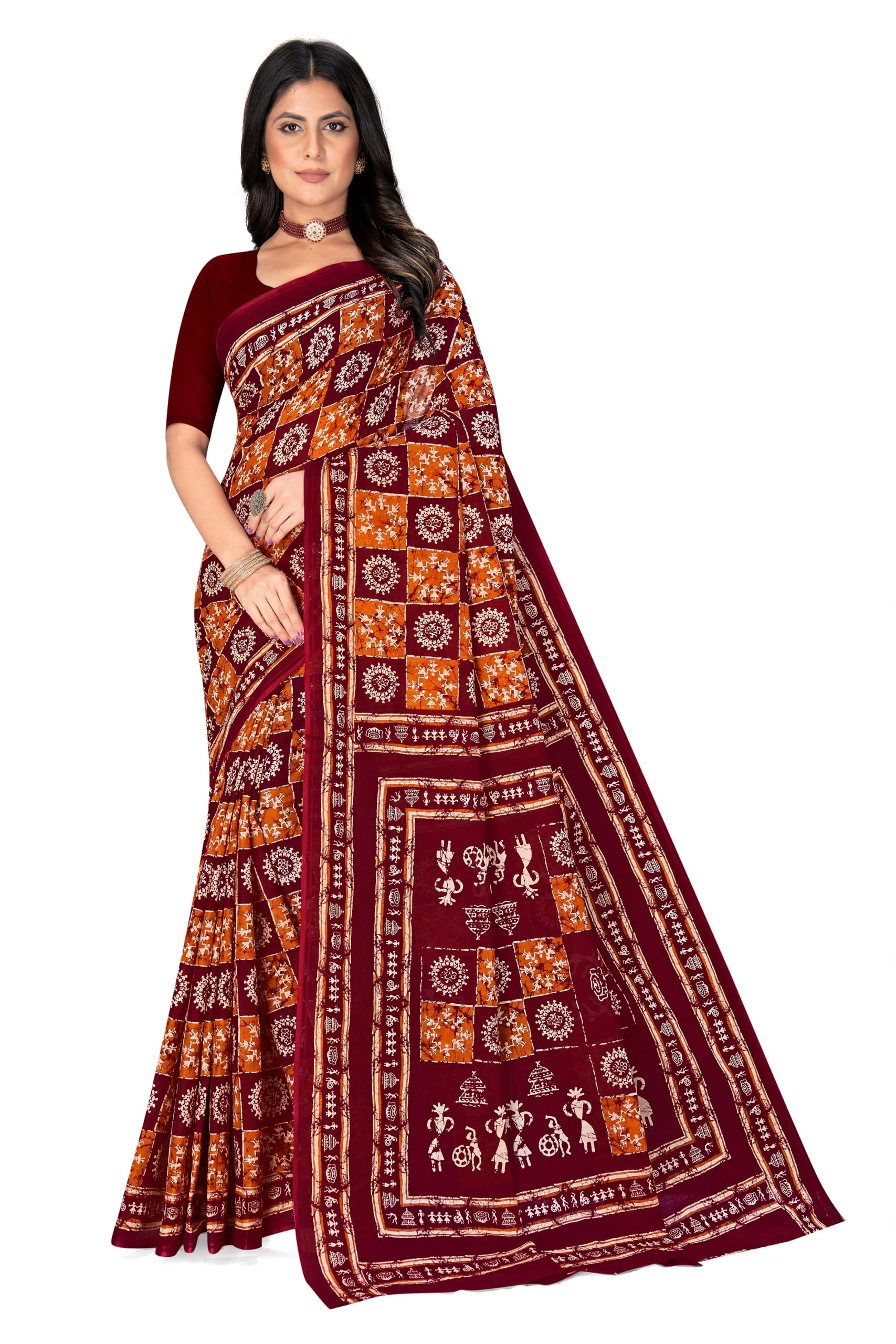 Tamaira Fashion Women's Warli Batik Printed Pure Cotton Mulmul Saree Without Blouse Piece(2486_Mustard&Maroon)