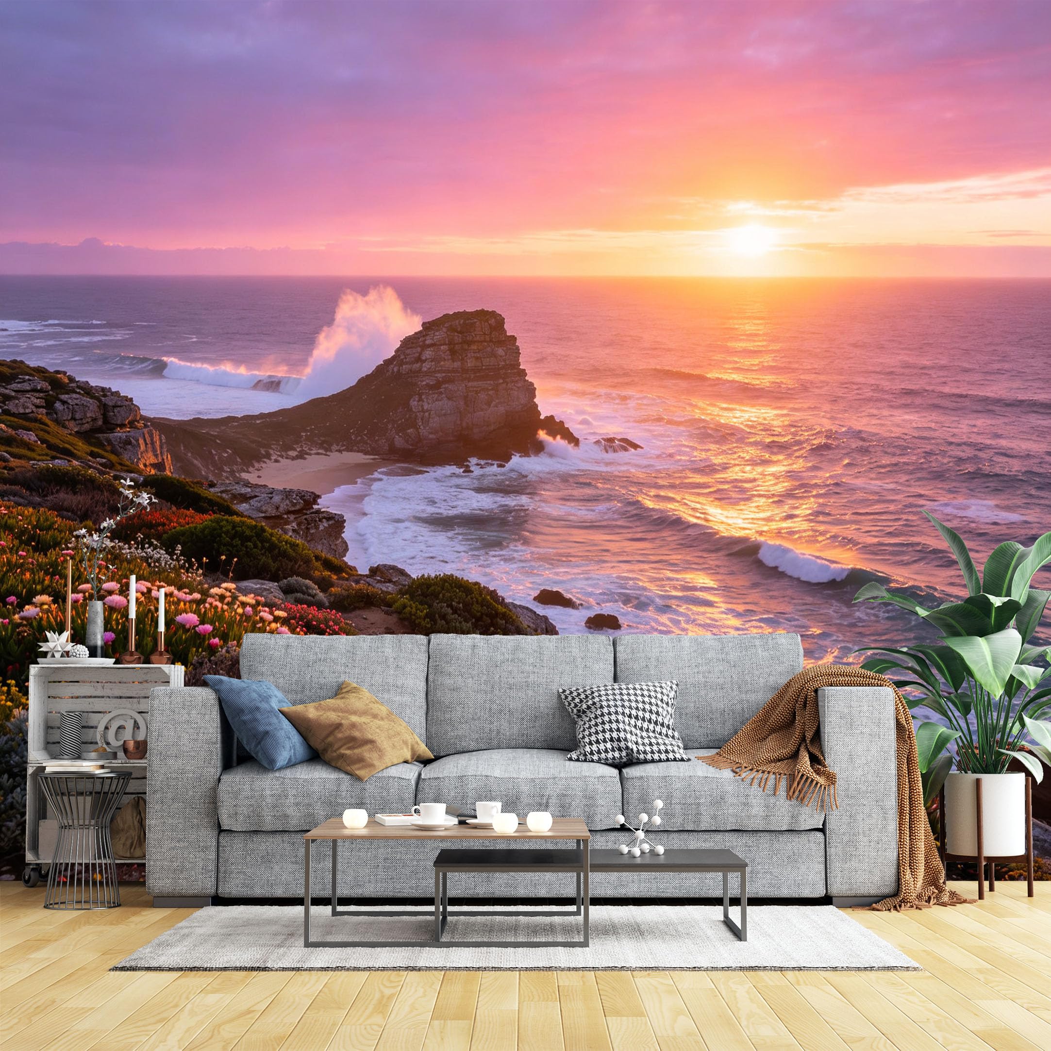 Lcythiazole Ch260604151 Custom Size Wall Murals Pink Sunset Cliff Wildflower Coast Wall Murals Coastal Scenery Wallpaper Large Photo Wallpaper Self-Adhesive Removable Wallpaper For Bedroom