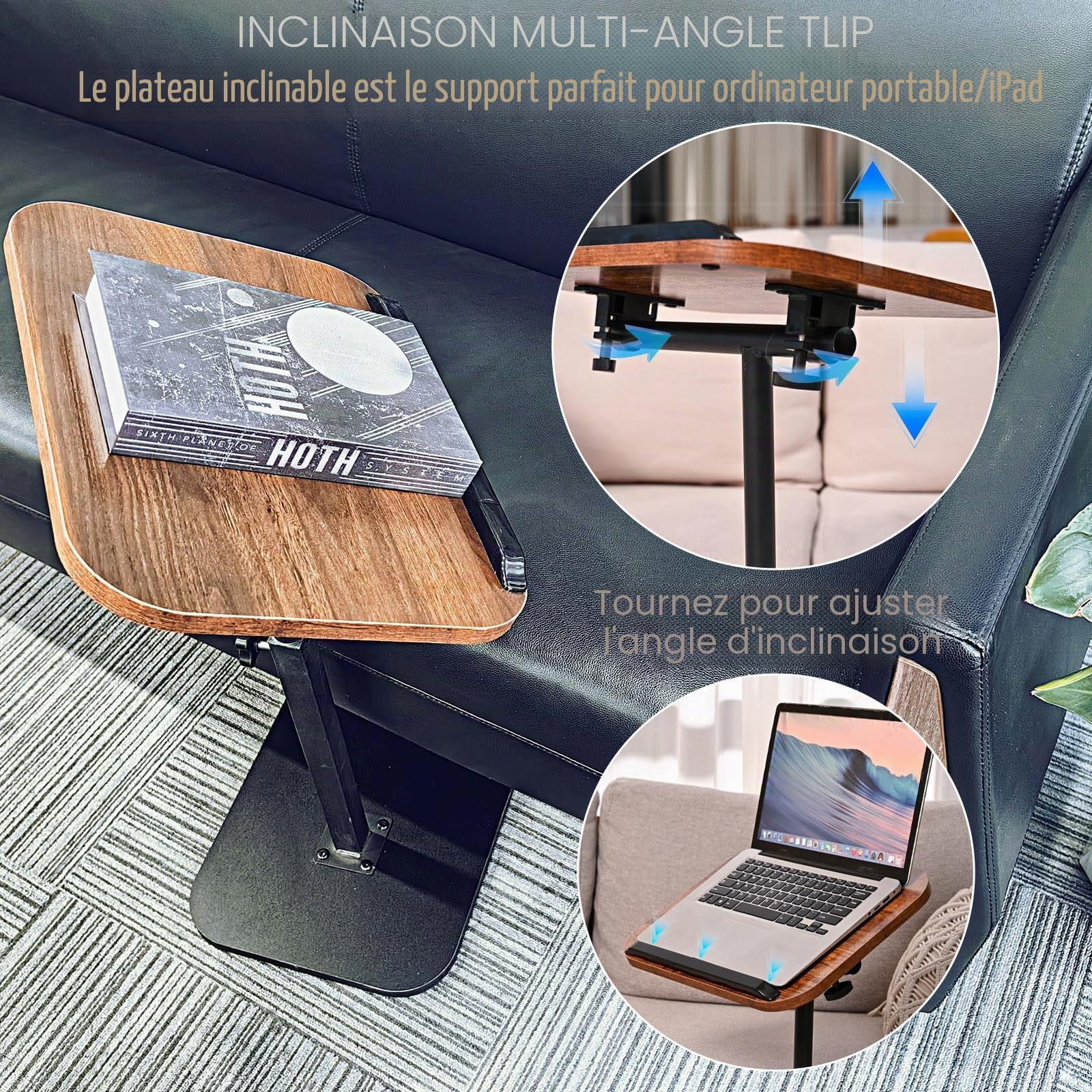 Table d'appoint en C réglable en Hauteur pour canapé,avec Fente pour téléphone et Tablette,lit, Coin Lecture, Table d'appoint en Forme de C pour canapé, Plateau TV Rotatif à 360 ° (Walnut)