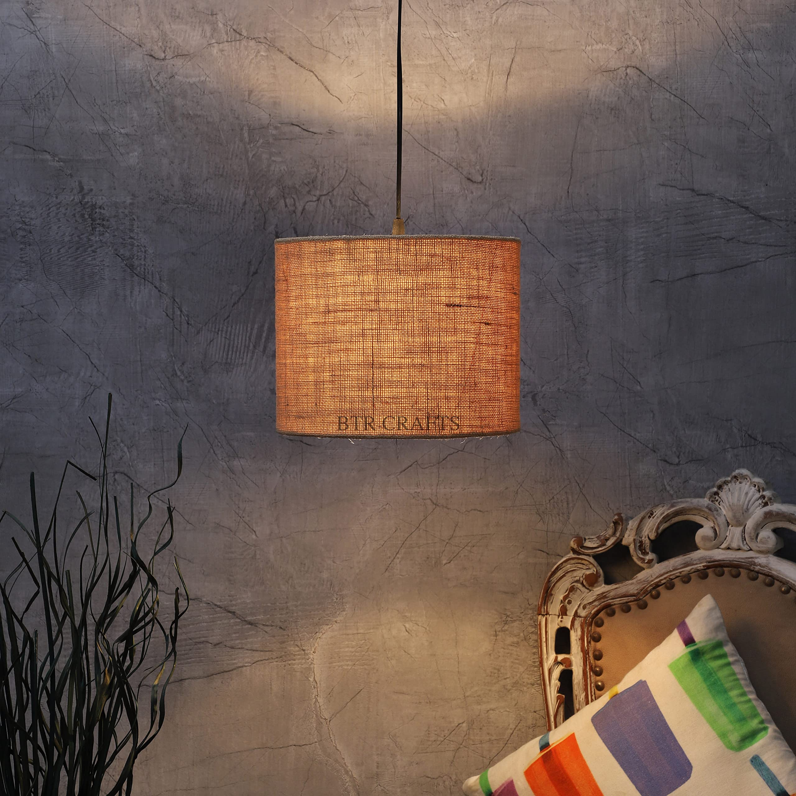 Natural Jute Color, Hanging Drum Lamp Shade, Decorative Light Lamp for Living Room, Home, Bedroom, Home Décor Lightning/Black Canopy (10" Inches)-image-17