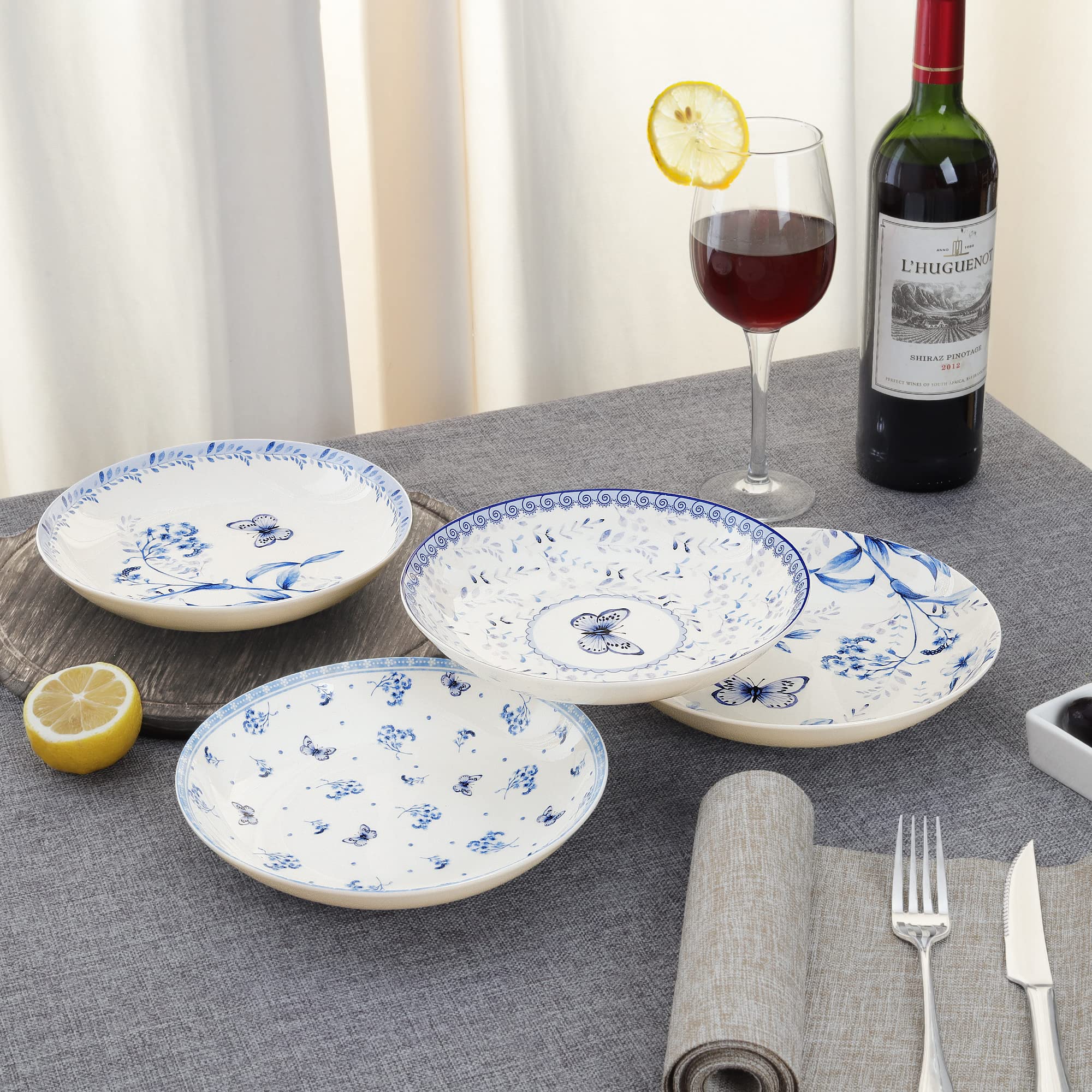 fanquare 4-Teilig Spring Vibes Schmetterling Dessertteller, Kuchenteller Frühstücksteller aus Porzellan mit Blumen, Blaue Serie, 20 cm