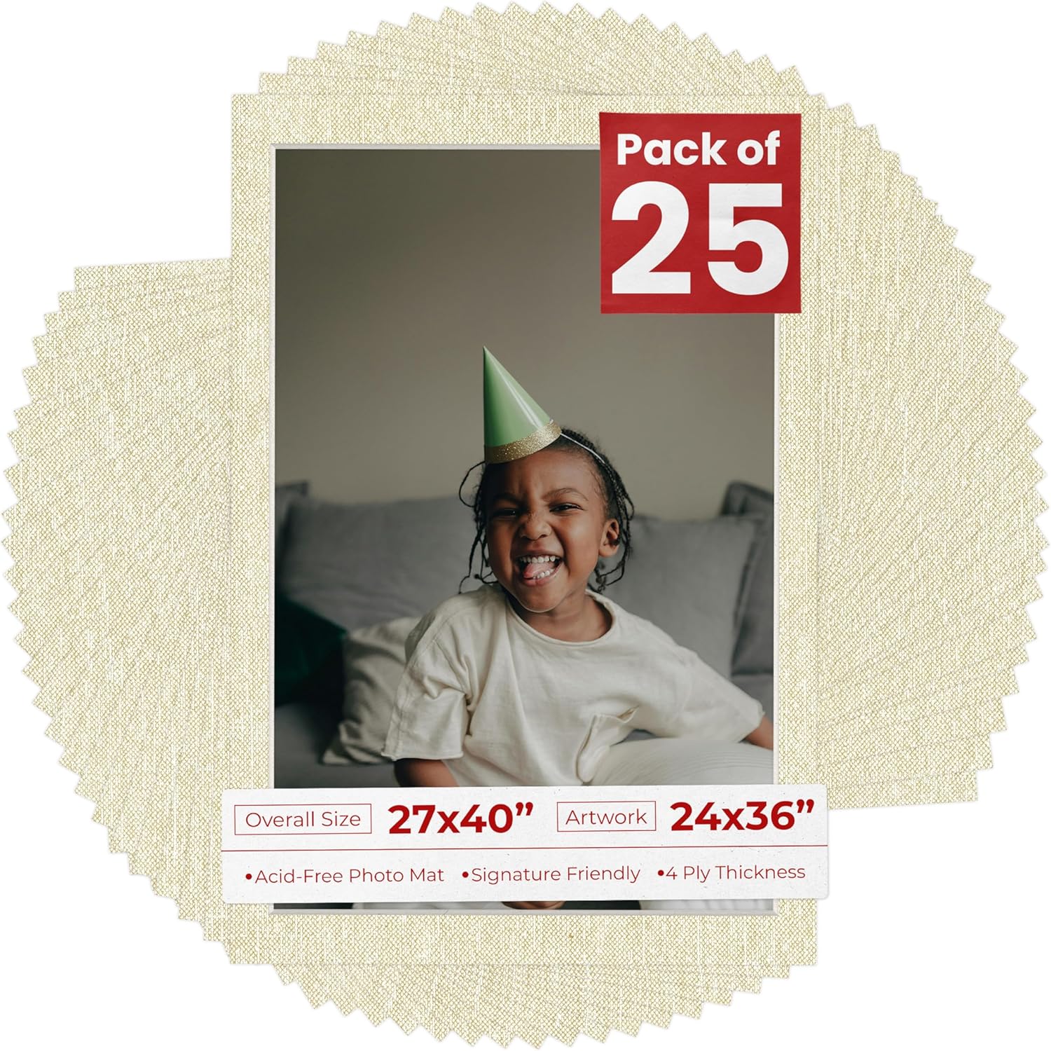 Pack of 25 Acid Free 27x40 Mats Bevel Cut for 24x36 Photos - Fresh Linen Canvas Precut Matboards With Backing Boards and Clear Photo Mat Bags For Pictures, Photos, Framing - 4-ply Thickness