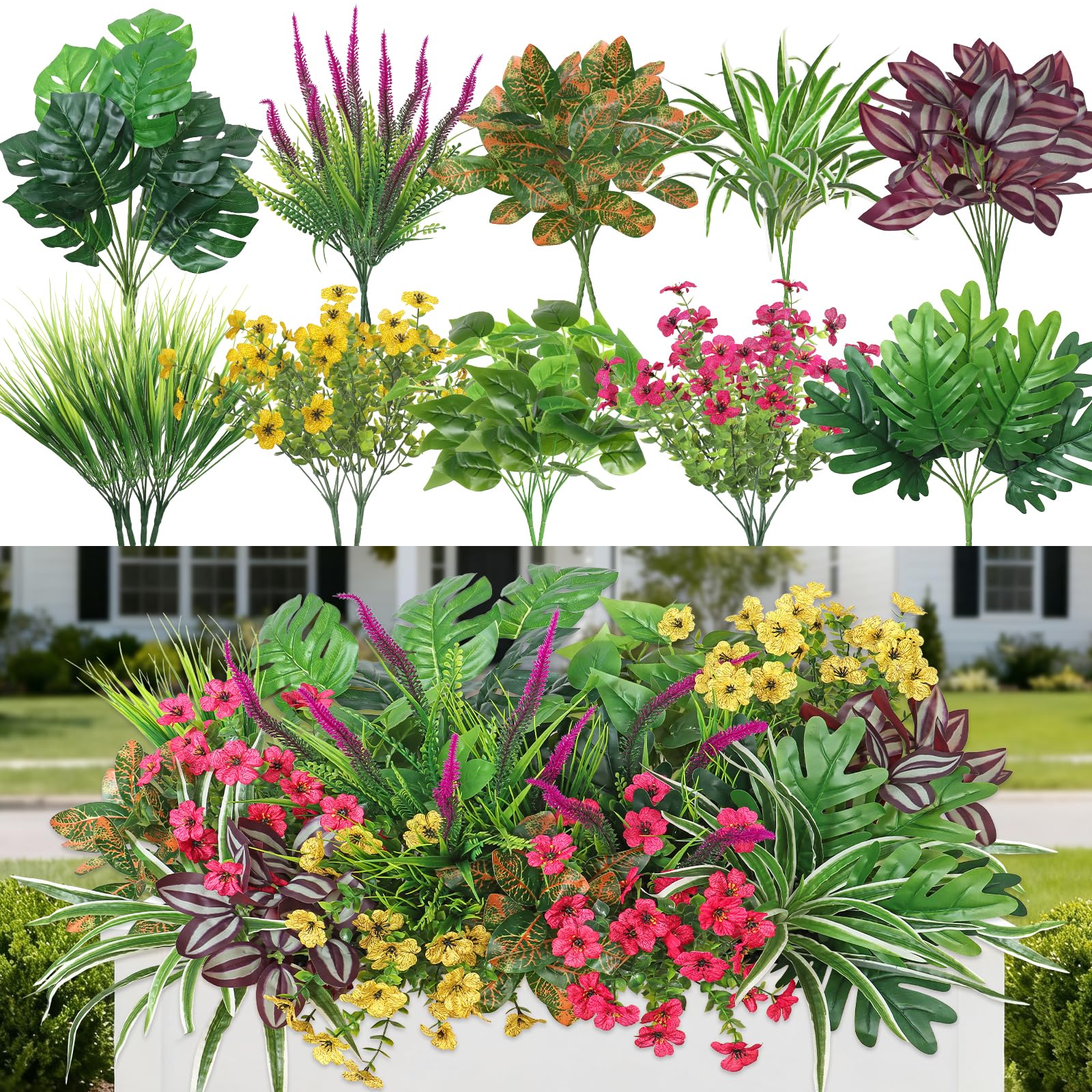20PCS Artificial Plants Outdoor Fake Flowers UV Resistant Fake Grass Greenery Stems Artificial Flowers Faux Shrubs Plant Artificial Boston Fern for Indoor Outside Garden Planter Pathway Decor