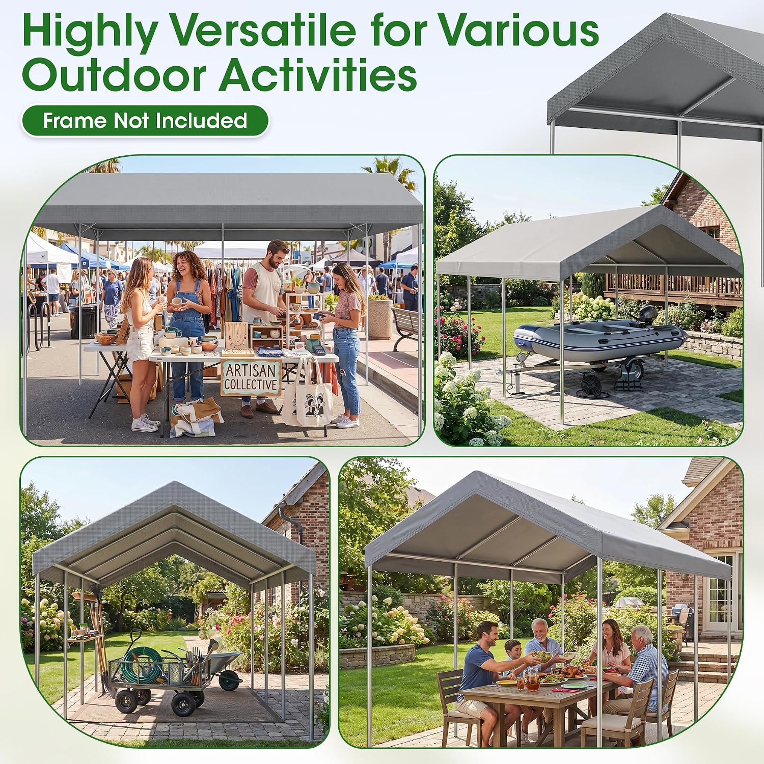 12x20 FT Carport Replacement Canopy Top Cover, No Frame, Grey