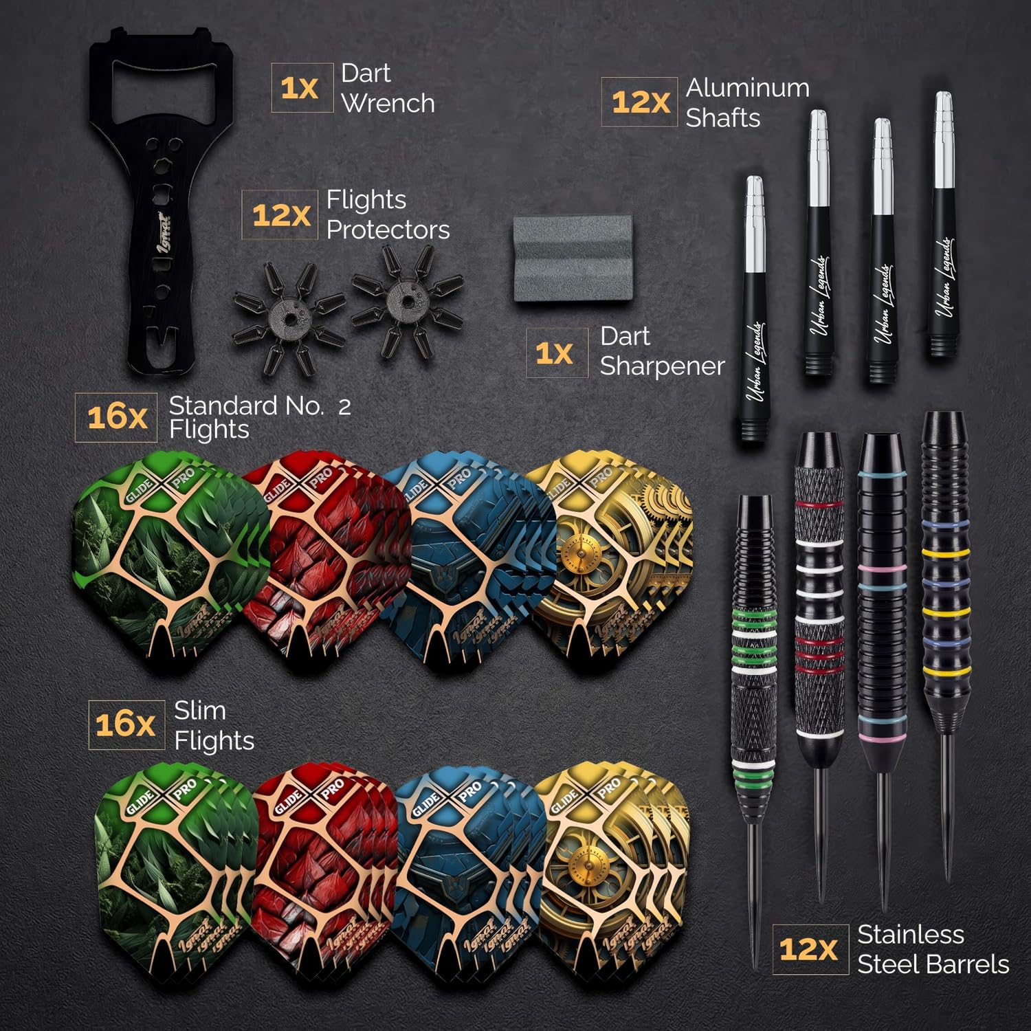 IgnatGames Darts Metal Tip Set - 12 Pack Steel Tip Darts with 32 GlideXPro Flights, Multi-Zone Barrel Grips, 1.4" Aluminum Shafts, Magnetic Gift Box, and Accessories, Urban Legends Edition