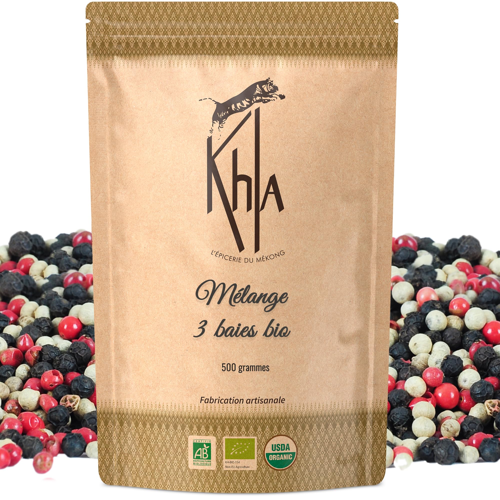 Khla - Pimienta Tricolor 500 g - Pimienta Negra y Blanca de Kampot & Pimienta Rosa - Certificada Orgánica - Producción Limitada - Especias Directas del Productor - Origen Camboya y Madagascar