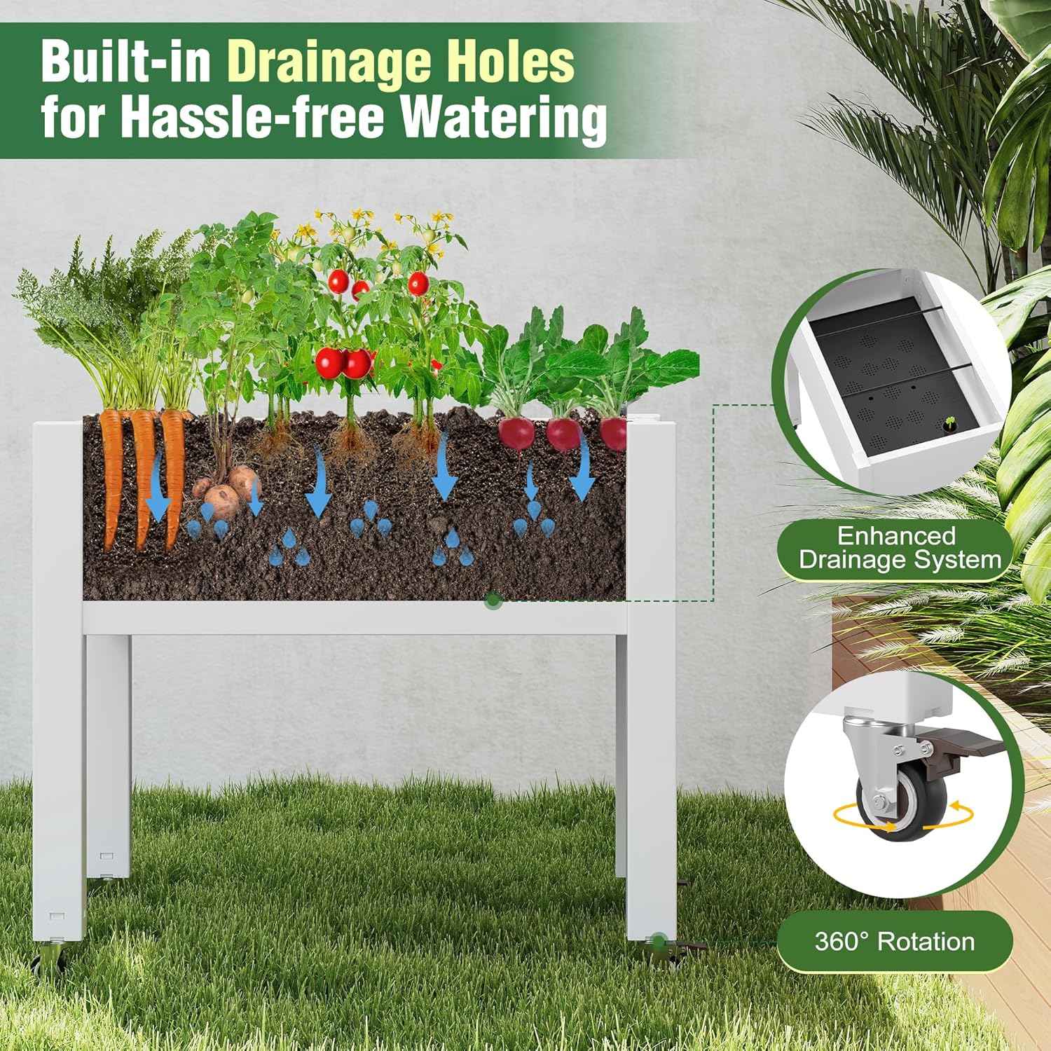 Elevated Raised Garden Bed with Wheels - Outdoor Mobile Resin Planter Box with Drainage Holes for Vegetables Flower Herbs, Weather Resistant, White (26.3" h)