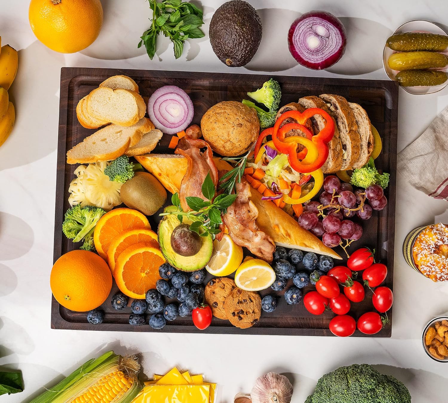 AZRHOM Large End Grain Walnut Wood Cutting Board 17x13x1.5 in Thick Butcher Block for Kitchen with Non-slip Mats Juice Groove & Handles (Gift Box) - Image 2