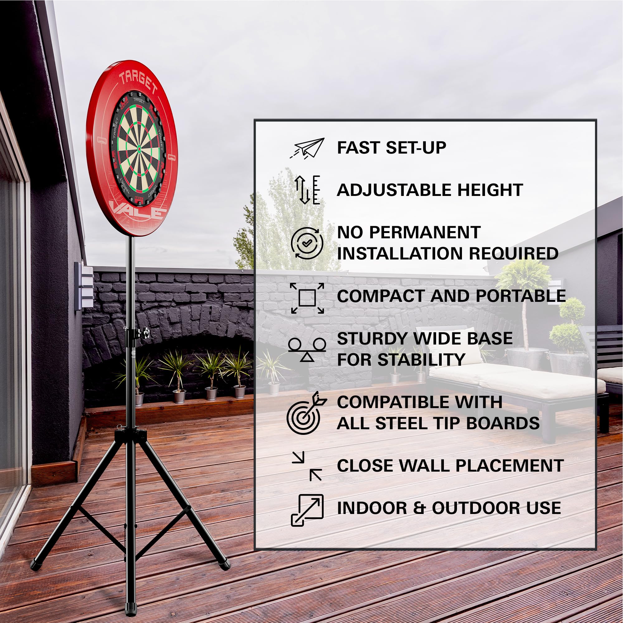 TARGET Darts Supporto portatile per bersagli da freccette | Supporto mobile per bersagli da freccette a treppiede, sistema a libero posizionamento con supporto per bersagli, per interni ed esterni