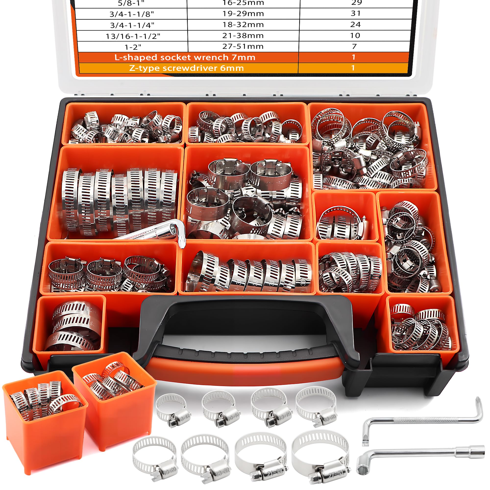 210PCS 304SS Worm Gear Hose Clamps Kit,8 Sizes 1/4"-2"(6-51mm) Clamps