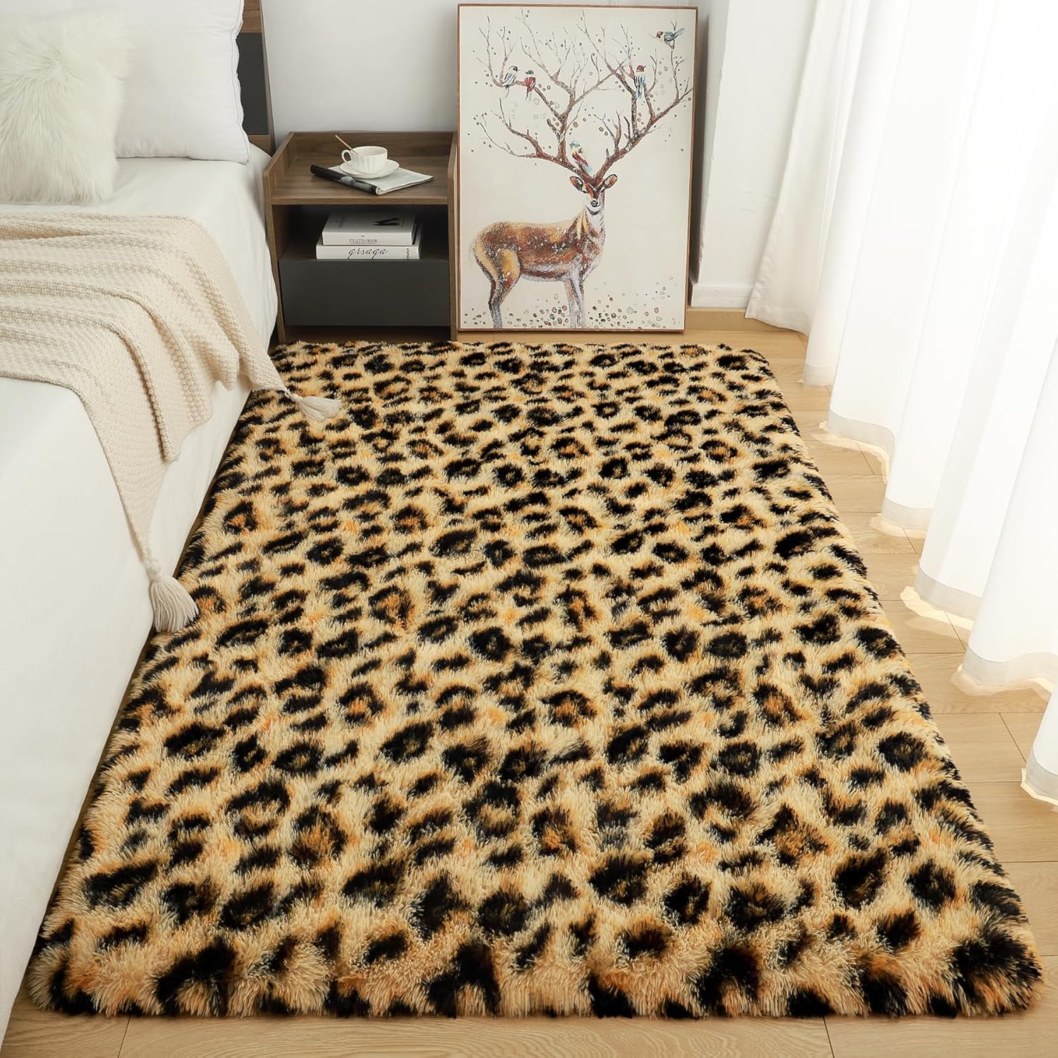 BENRON Soft Leopard Rugs Black and Yellow, 3x5, Fluffy Rugs for Bedroom Living Room Dorm Apartment, Cheetah Print Stuff for Women Girls Room Decor