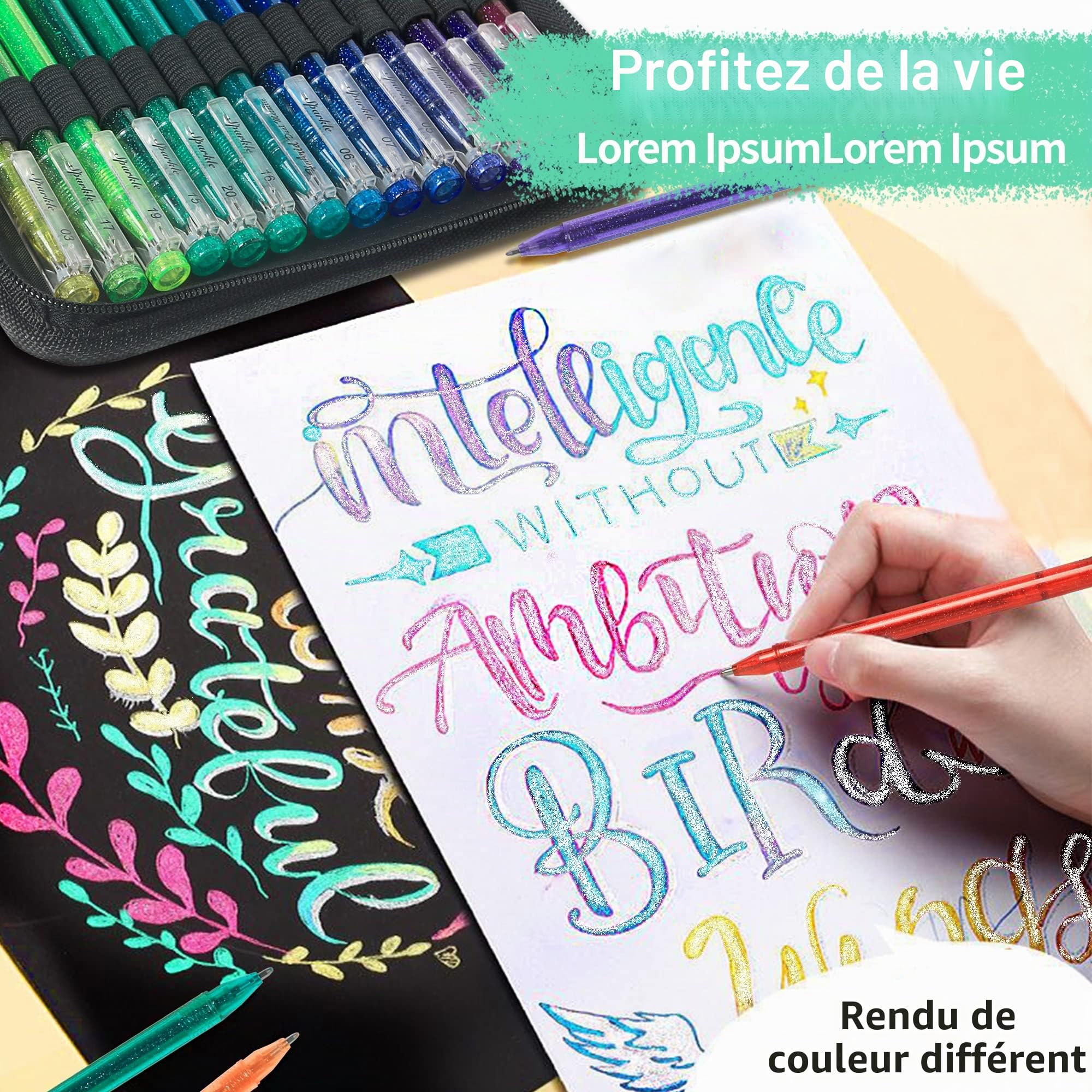 ZSCM Lot de 48 stylos à gel métalliques pailletés, 24 couleurs avec 24 recharges pour stylo pailleté dans un sac en toile pour coloriage, dessin, scrapbooking, journalisation pour adultes