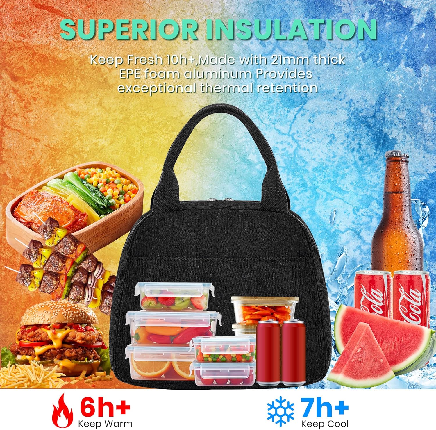 Lunch Bag for Women Grils Adult Cute Corduroy Lunch Tote Bags Reusable Insulated Lunch Box Large Capacity for Work Picnic or Travel (blackblack)