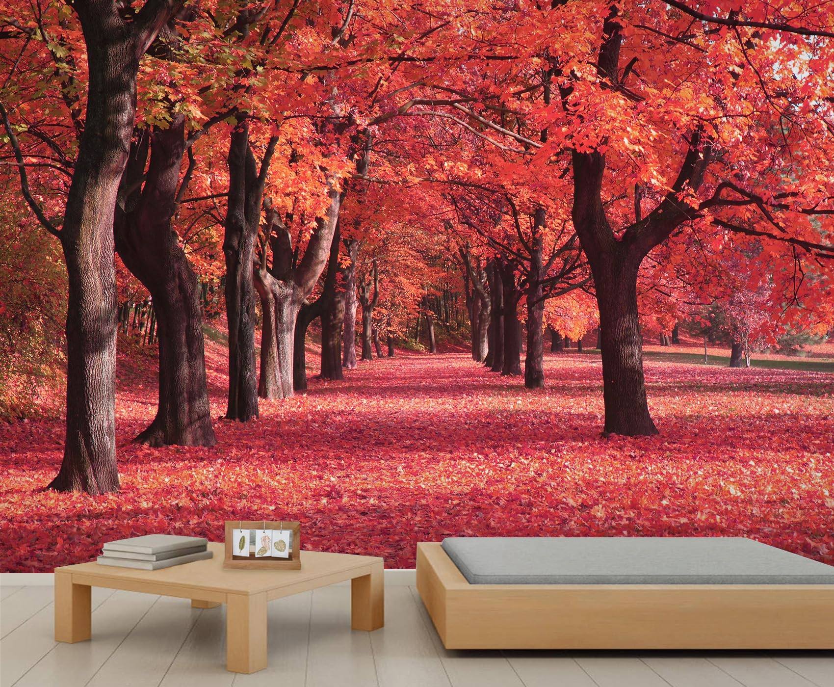 Autumn Forest Mural Wallpaper Maple Forest Trail Mural Fallen Leaf Park Landscape Mural Woods Natural Wallpaper for Bedroom Study Room Hotels 400 x 280 cm