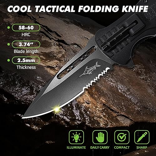 Miniatura 3 de XIPHIAS EDC Cuchillo de bolsillo plegable de acero inoxidable multiherramienta con luz LED, arrancador de fuego de magnesio, silbato, paracaídas y