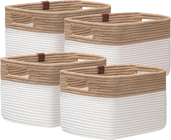 UBBCARE 4 Pack Baskets for Organizing, Woven Storage Baskets with Label for Toys and Towel, Rectangle Cotton Rope Basket with Handles, 14''L x9''W x8''H, Jute&White