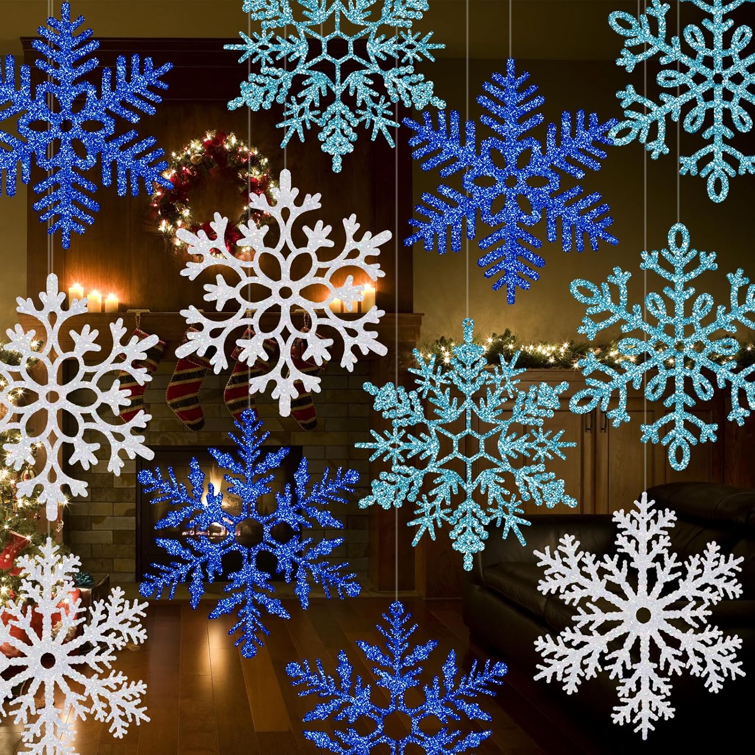 12 Pcs 15.8'' Large Snowflake Decorations – Giant Hanging Snowflakes, Plastic Snowflakes for Indoor & Outdoor Christmas Decor, Porch & Tree Decorations (White, Blue, Dark Blue) White, Blue, Dark Blue 12 PCS