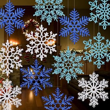 24 Pcs 12 Large Snowflake Decorations Giant Hanging Snowflakes, Plastic Snowflakes for Indoor & Outdoor Christmas Decor, Porch & Tree Decorations White, Blue, Dark Blue
