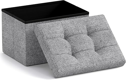 Miniatura 9 de Ornavo Home Otomana de almacenamiento pequeña, juego de 2, plegable, rectangular, de lino, otomano, reposapiés, para sala de estar, dormitorio, Azul