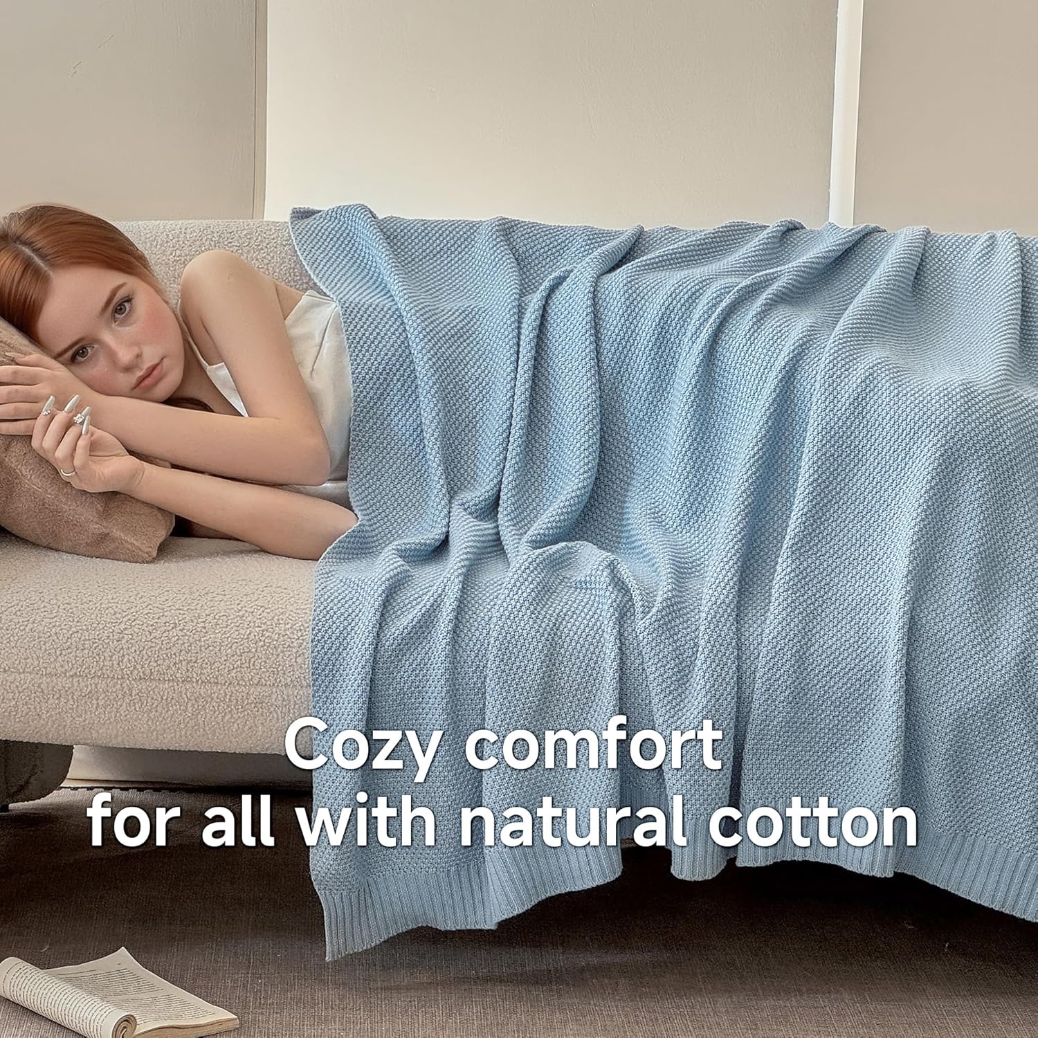 Simple&Opulence 100% Cotton Throw Blanket, Solid Color Cable Knitted Blanket Super Soft Comfortable Breathable Decorative Farmhouse for Couch Sofa Bed, All Season Use(Winter Blue,50x60)