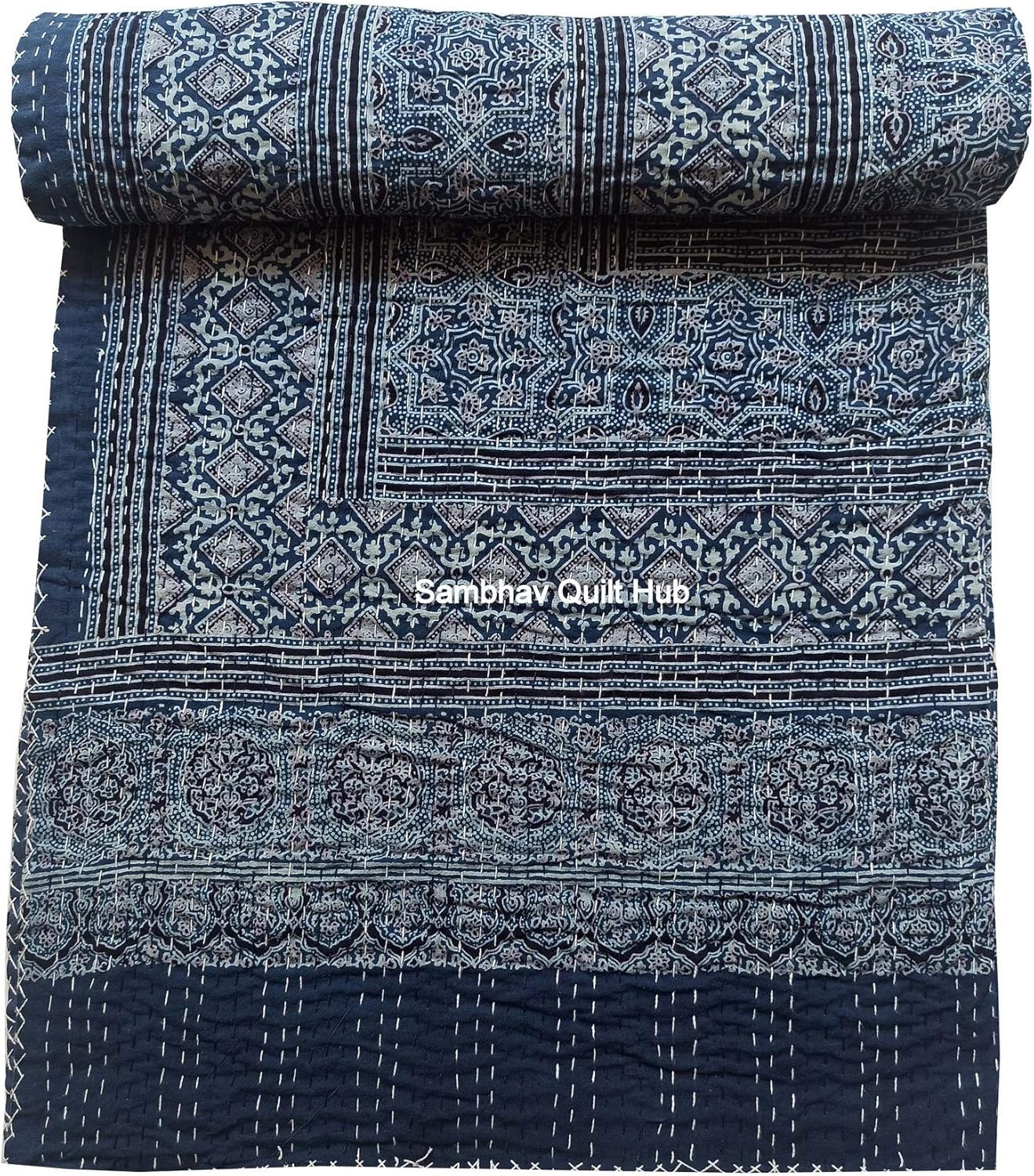 Blue Ajrakh Hippie Queen Kantha Quilt Handmade Bohemain Bedspread King Size Vegetable Dye Kantha Blanket Bedcover Boho Quilting Indigo Print Ajrakh Cotton Kantha Quilt 90X108 inch