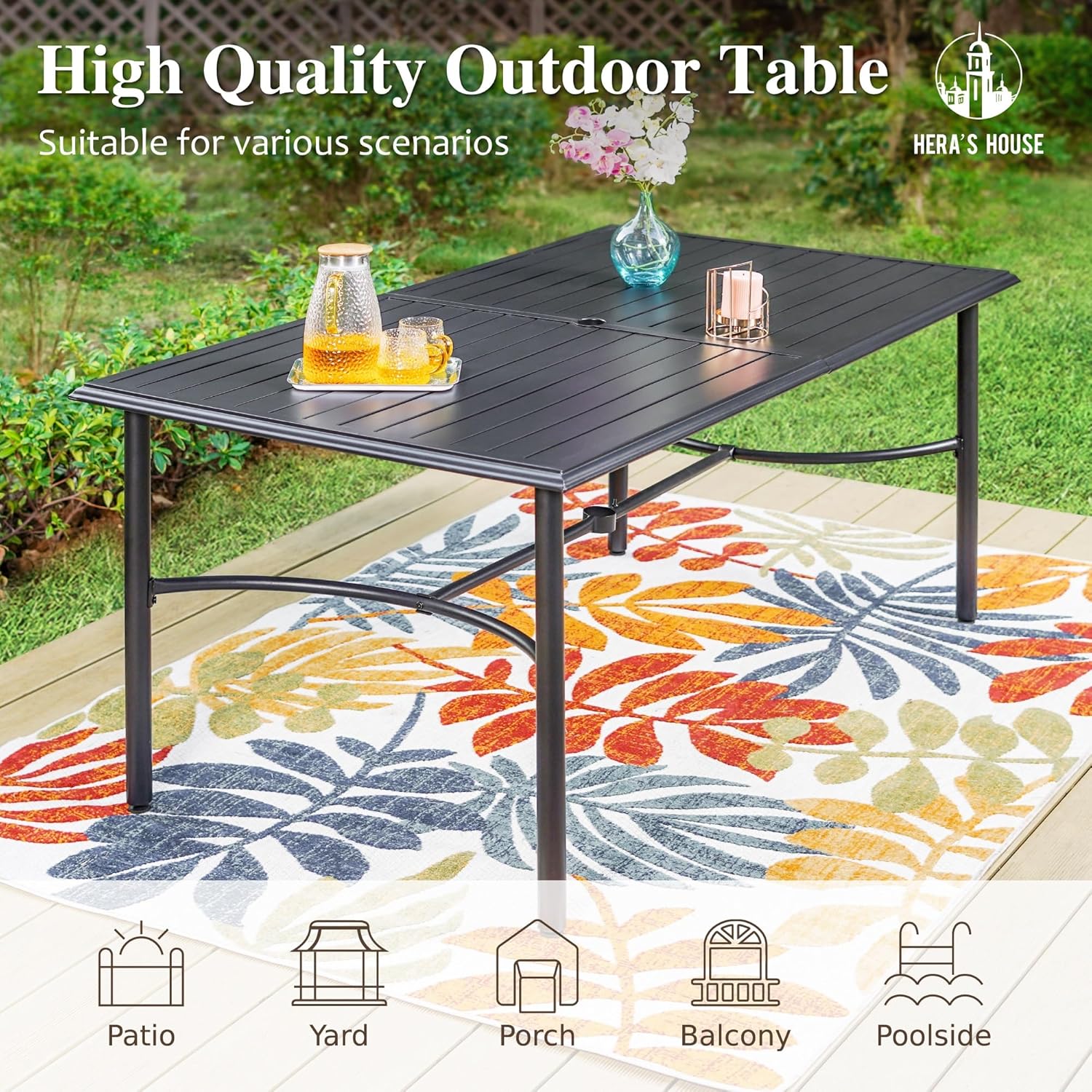 HERA'S HOUSE 67" Patio Table with Umbrella Hole for 6, Extra Large Rectangle Metal Outdoor Dining Table for Backyard Garden Lawn, Black