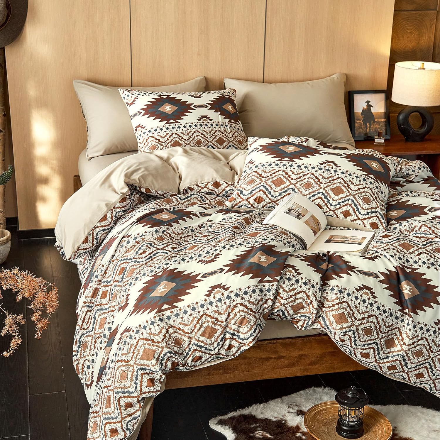 Wake In Cloud - Western Comforter Set, Southwestern Aztec Country Style with Rustic Ranch Vibe, Soft Lightweight Bedding, 3 Pieces, Beige Brown, Queen Size - Image 4