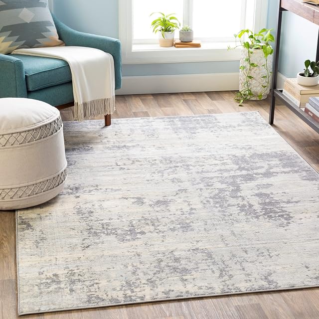 Surya Phuket Abstract Rug - Modern Style Area Rugs Living Room, Dining Room, Soft Rugs for Bedroom - Marble Rug with Medium Pile for Easy Care - Large Rug 160x220cm, Grey and Ivory Rug