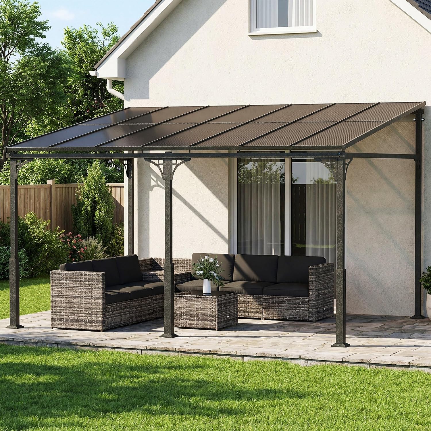 Outsunny 13' x 10' Outdoor Pergola, Wall Mounted Hardtop Lean-to Gazebo with Polycarbonate Roof and Metal-Aluminium Frame, Heavy Duty Metal Pergola for Patio, Deck, Backyard, Brown