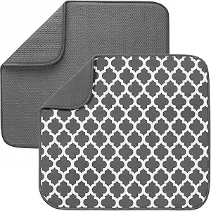 S&T INC. Dish Drying Mat 2 Pack, 16” x 18”, Absorbent Microfiber Kitchen Counter Mat, Dish Drying Pad for Dishes, Utensils, Pots and Pans, Large, Grey and Grey Trellis