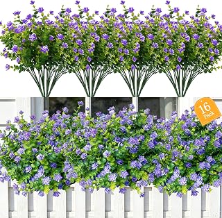 Artificial Flowers Outdoors, 16 Bundles Fake Flowers UV-Anti for Decoration Faux Plastic Plants Garden Porch Window Box Décor,Purple