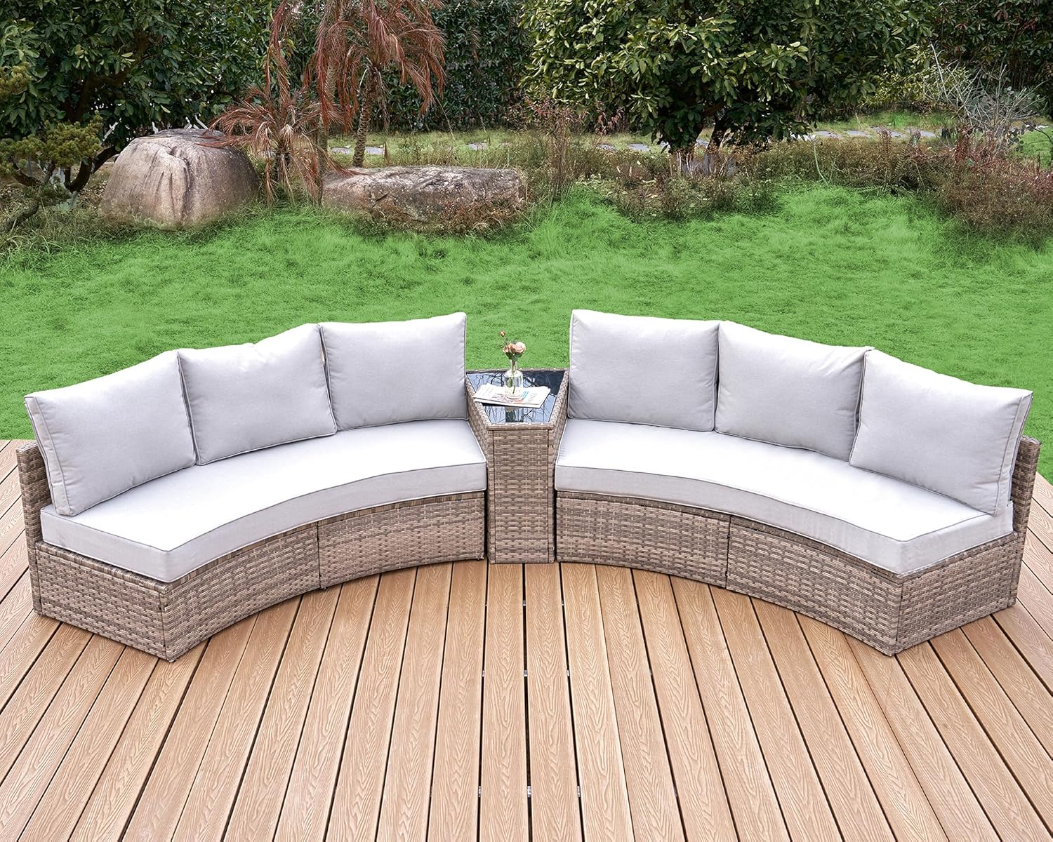 6-Piece Wicker Patio Furniture Set, Waterproof Half-Moon Sectional Sofa with Cushions, Rattan Outdoor Conversation Set for Garden, Pool, Beach & Balcony, Beige