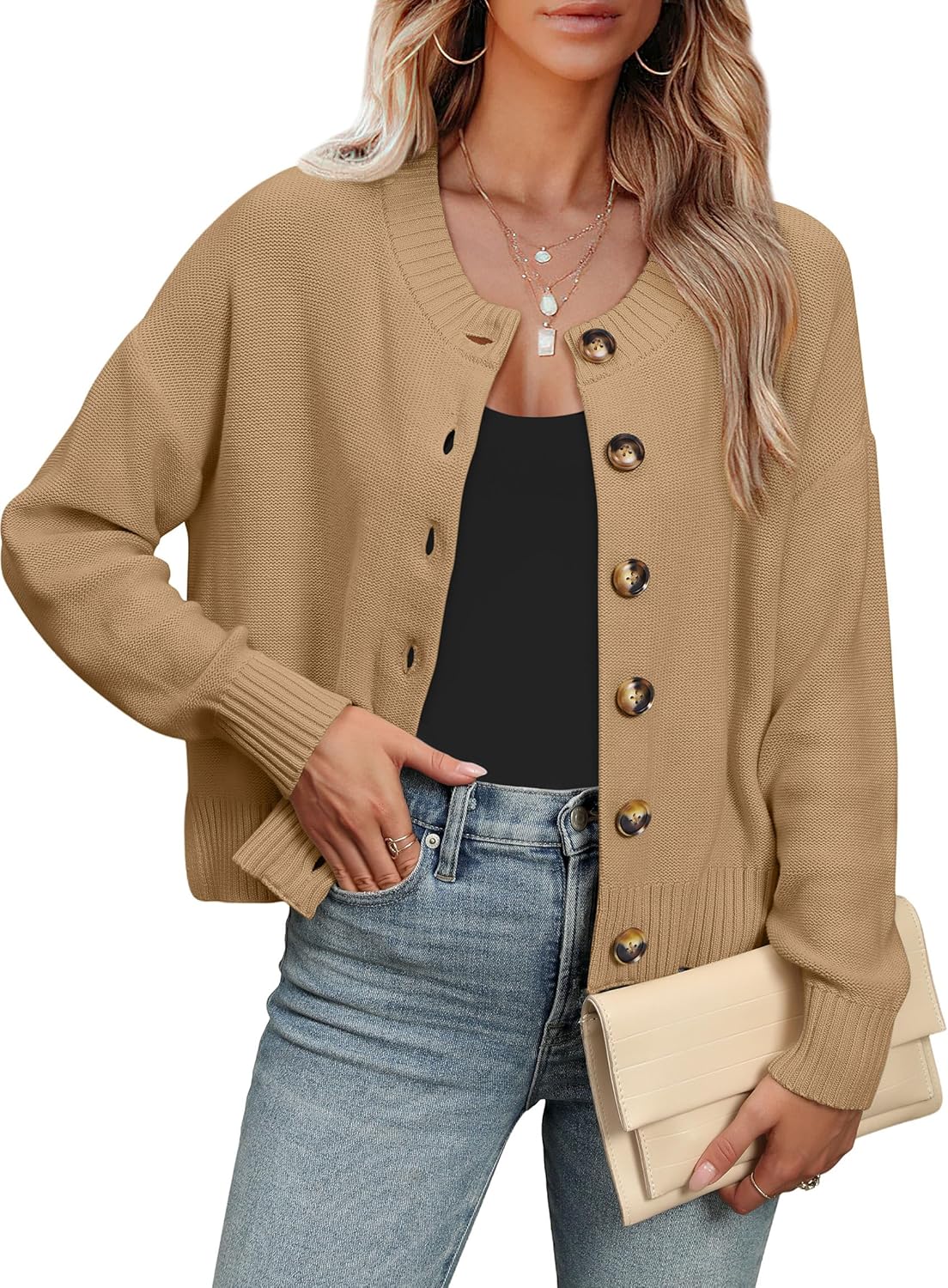 ANRABESS Women Knit Cardigans Sweater Open Front Button Down Long Sleeve Cropped Lady Jacket Outwear 2025 Fall Outfits
