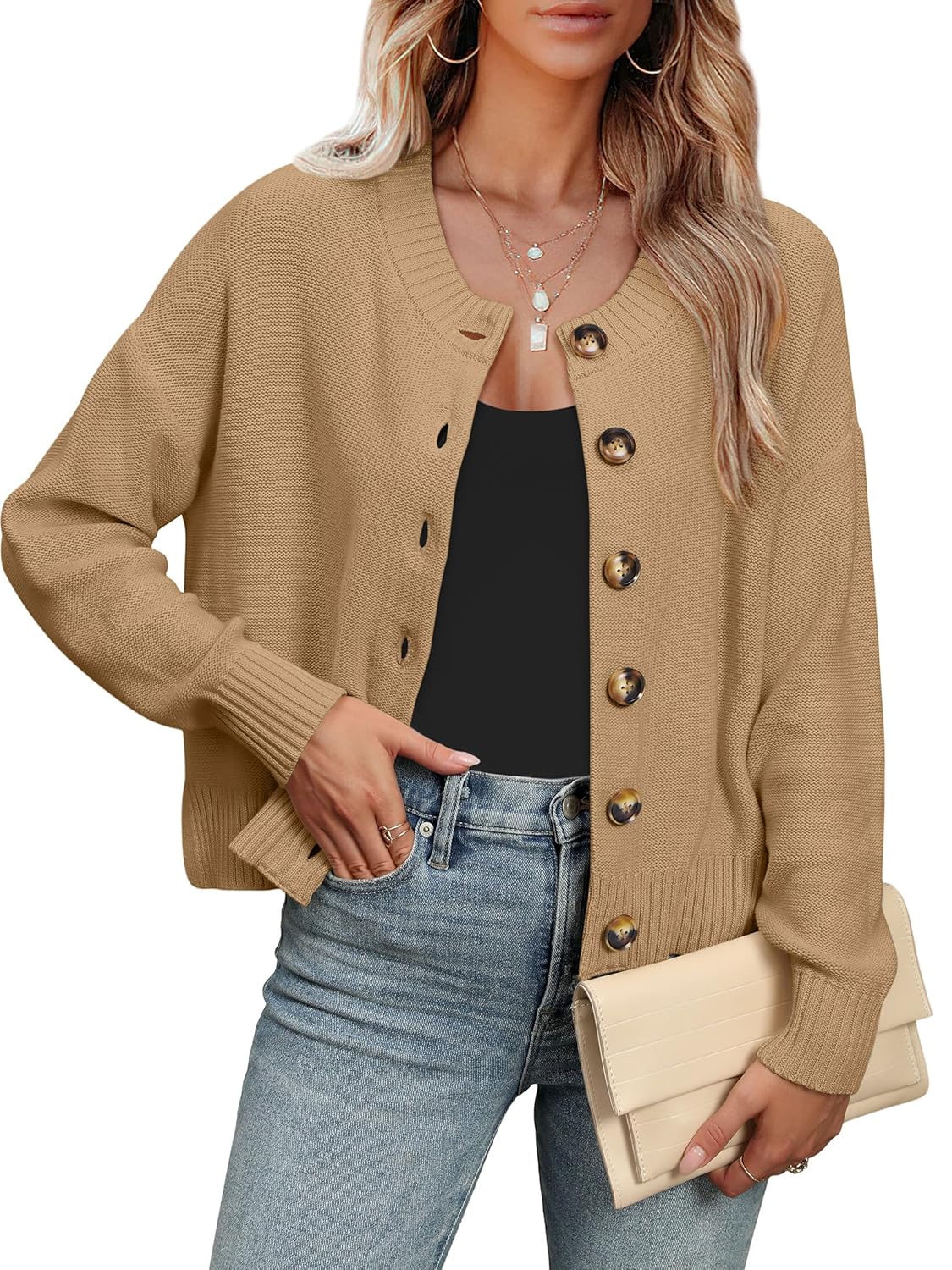 ANRABESS Women Knit Cardigans Sweater Open Front Button Down Long Sleeve Cropped Lady Jacket Outwear 2025 Fall Outfits