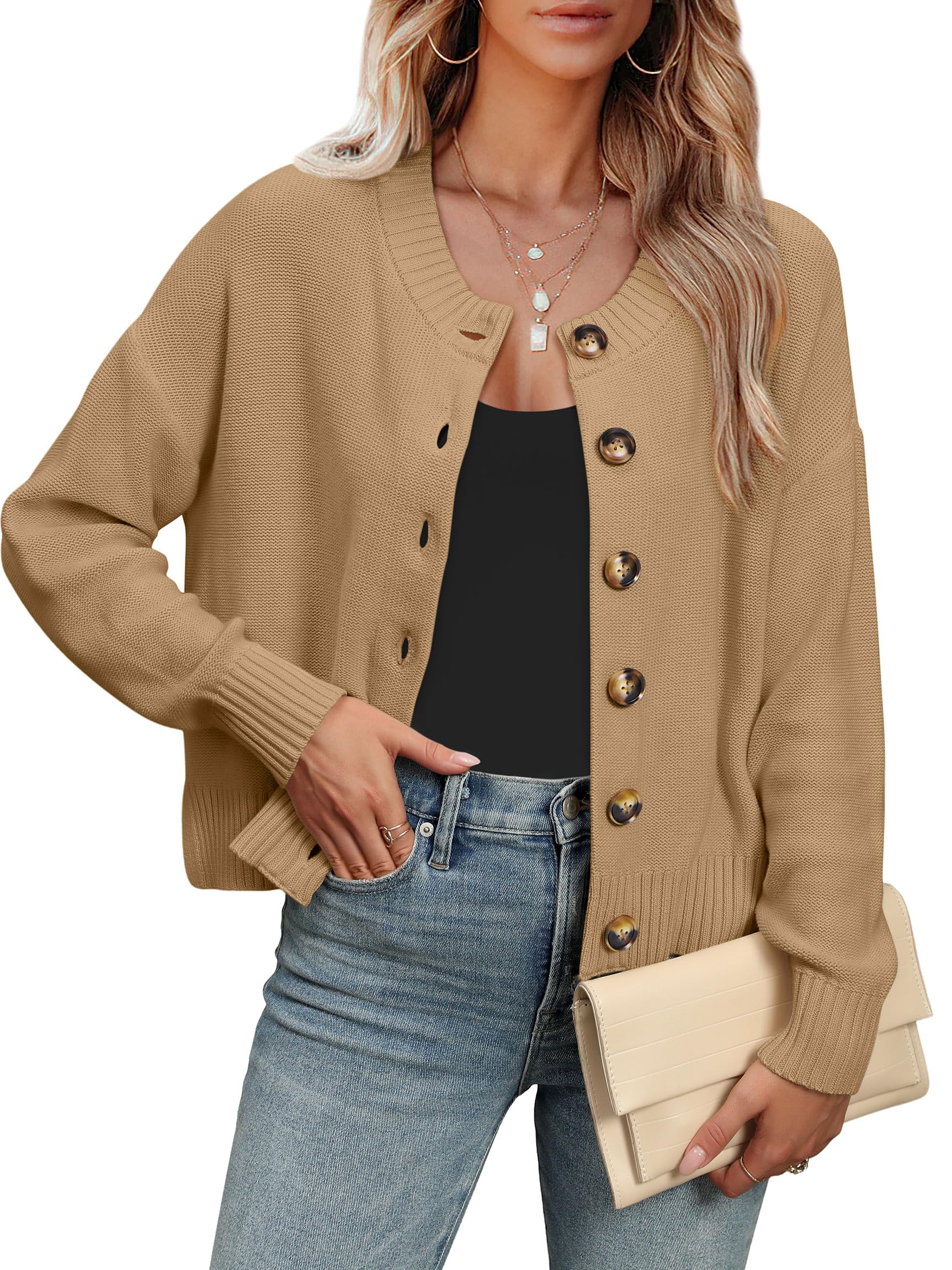 ANRABESS Women Knit Cardigans Sweater Open Front Button Down Long Sleeve Cropped Lady Jacket Outwear 2025 Fall Outfits