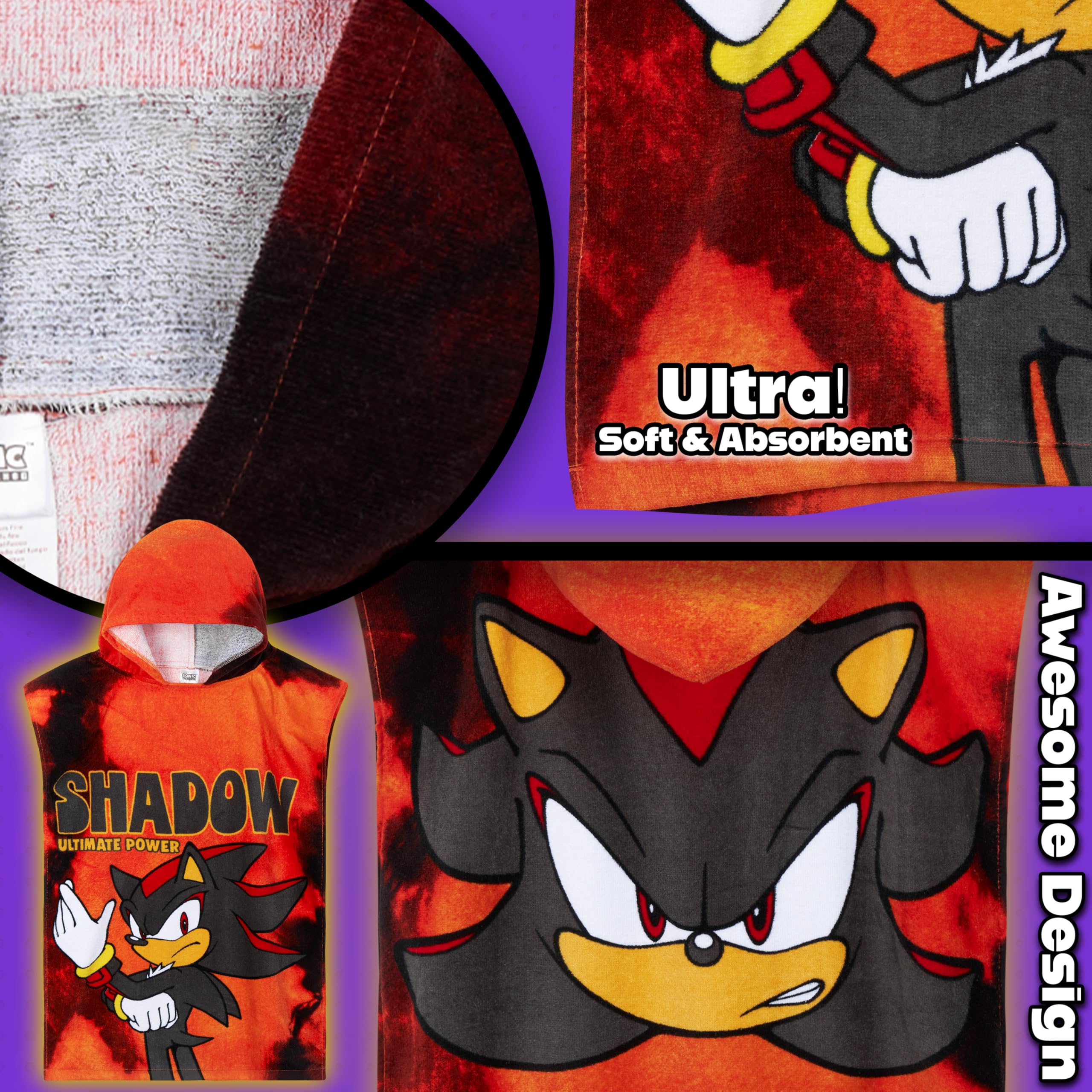 Get Trend SONIC THE HEDGEHOG Asciugamani Bagno Telo Mare con Cappuccio per Bambini Shadow Asciugamano Cotone per Spiaggia Bagno Nuoto (Rosso Shadow, 4-9 Anni)