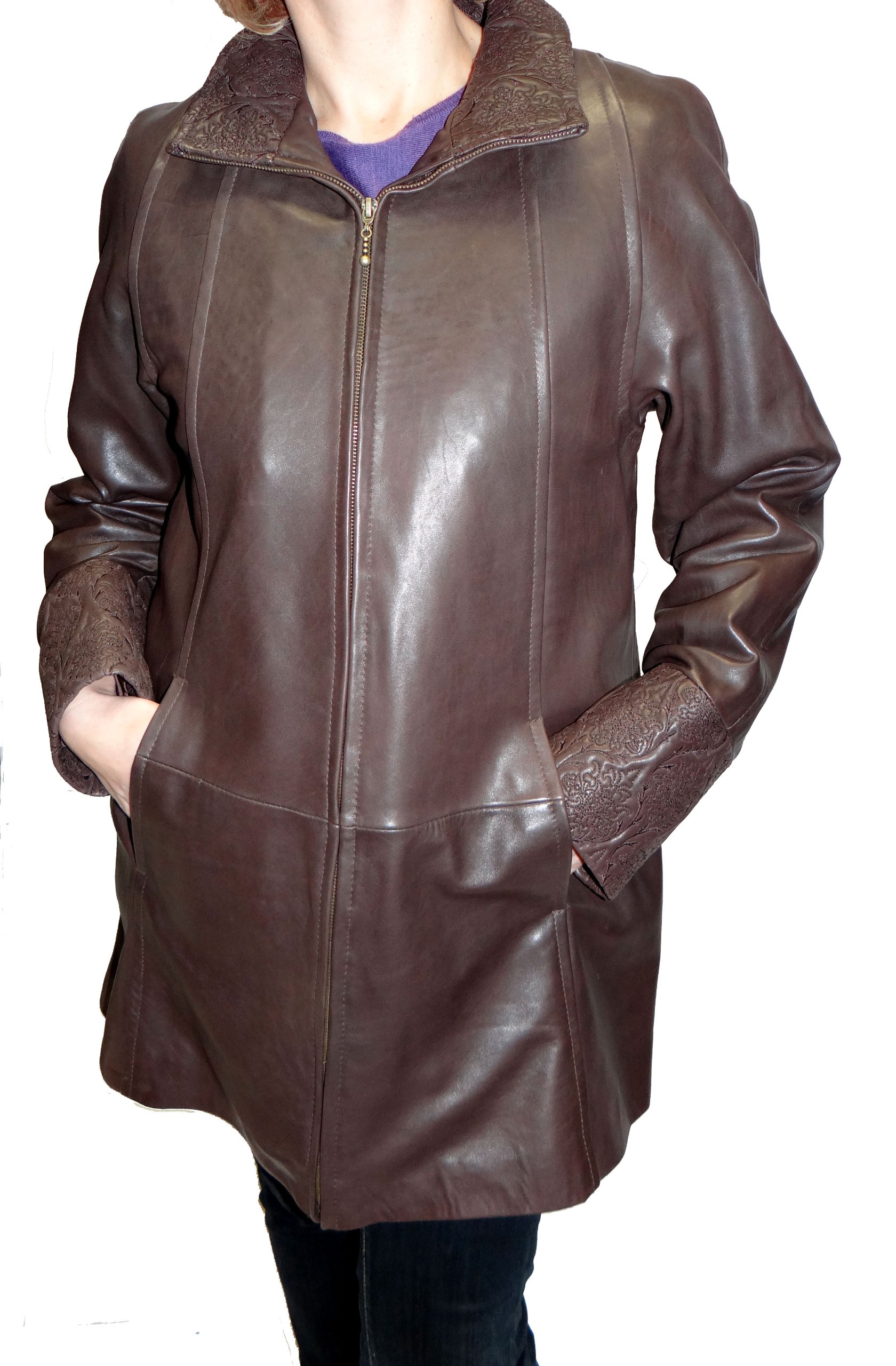 Tibor Design Swing Leather Coat with Embroidered Collar